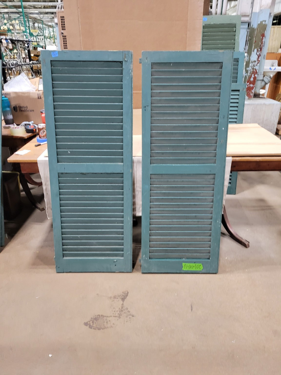 Vintage Green Wood Louvered Shutters with Hardware – Pair