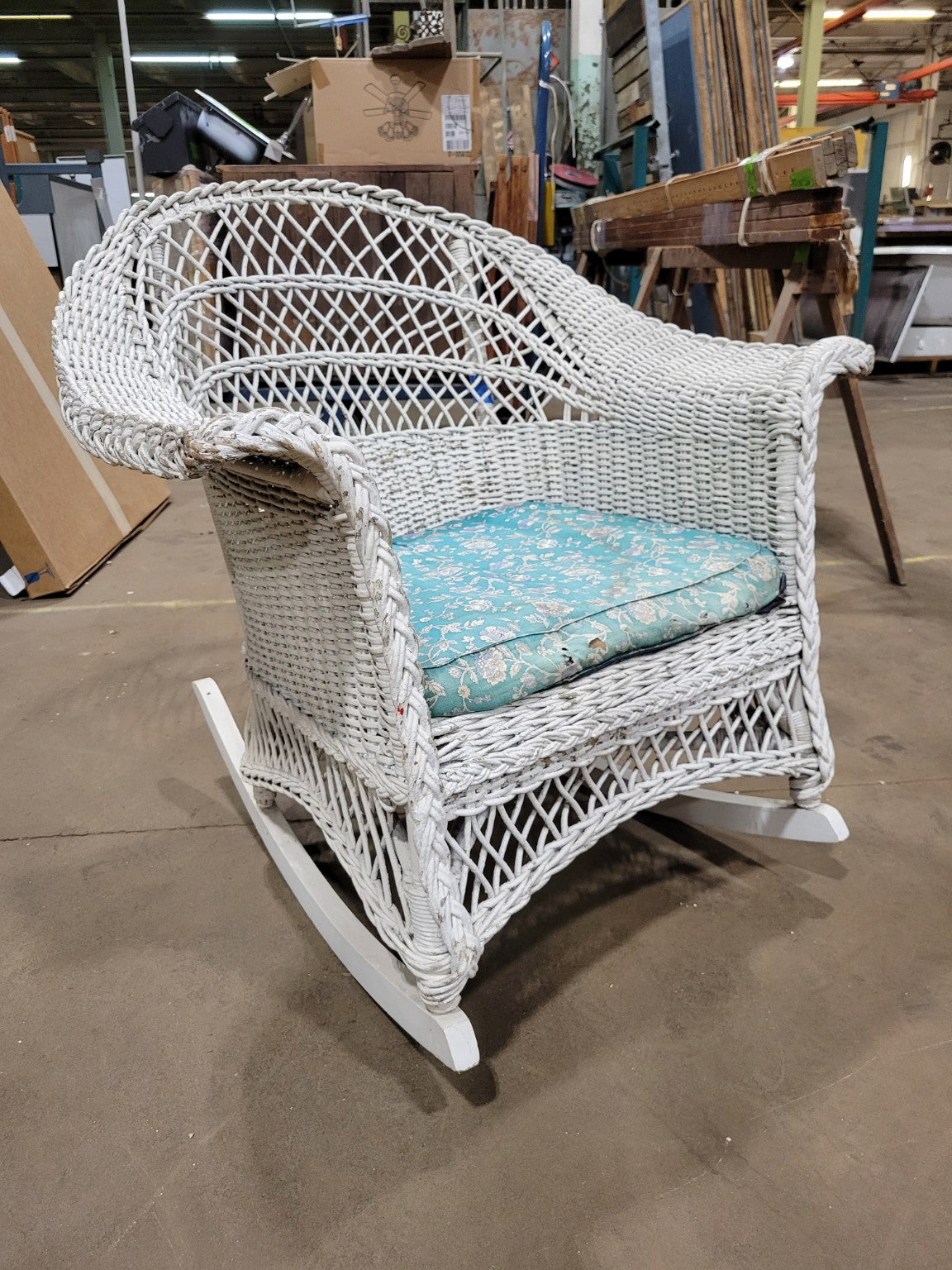 Vintage White Wicker Rocking Chair with Floral Cushion