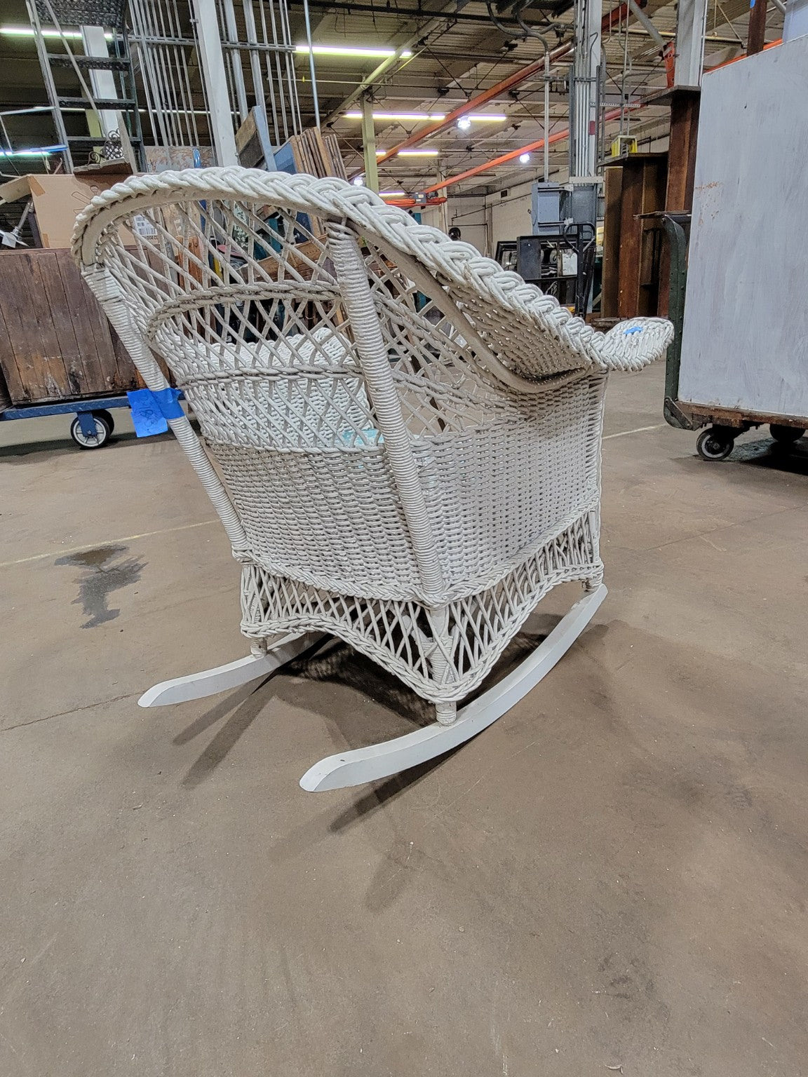 Vintage White Wicker Rocking Chair with Floral Cushion