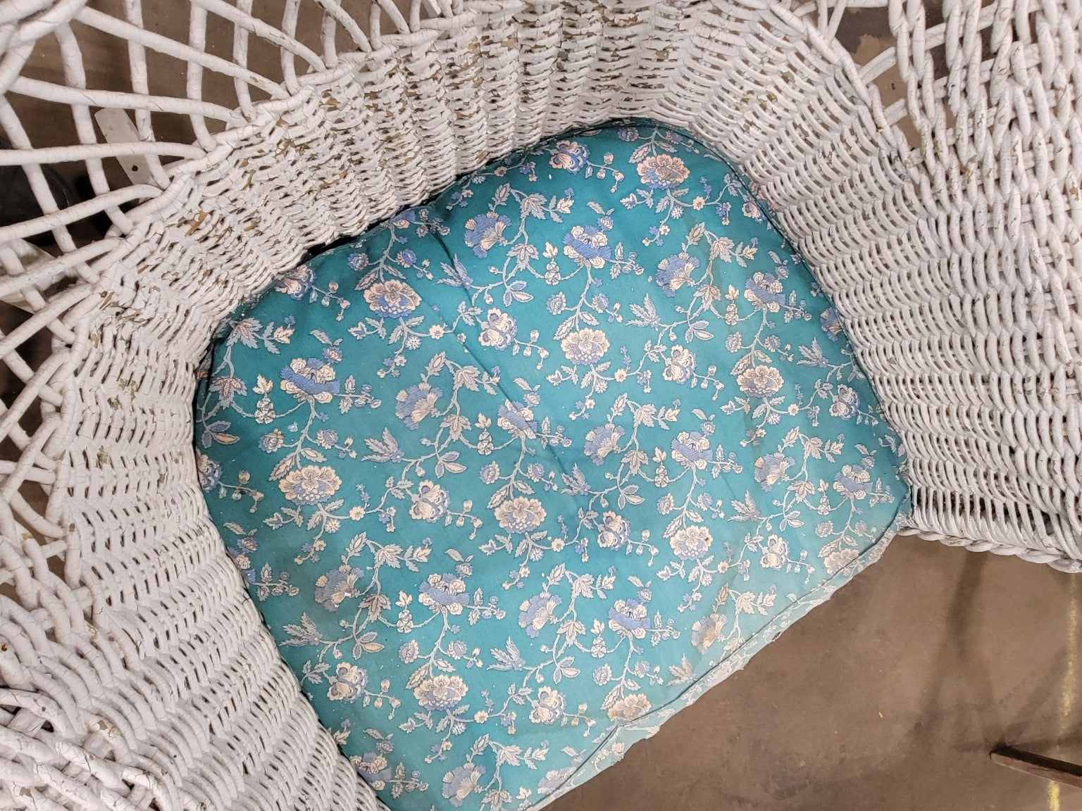 Vintage White Wicker Rocking Chair with Floral Cushion