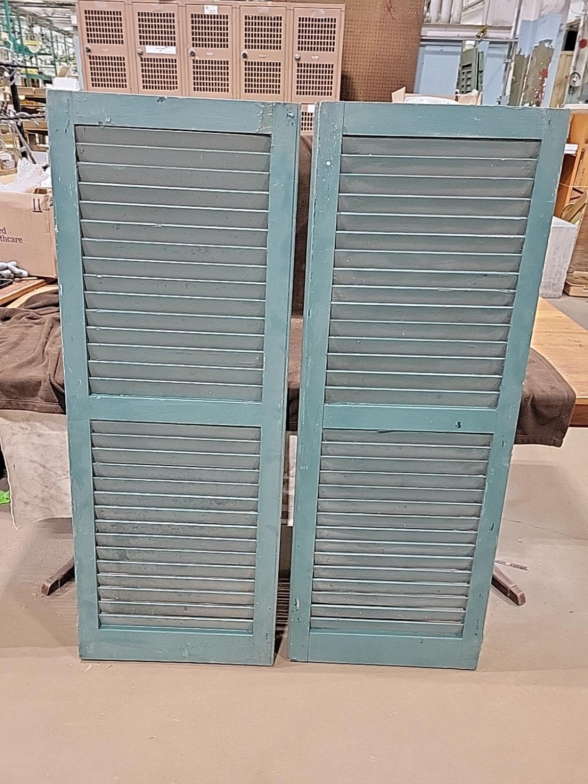 Vintage Green Painted Wood Louvered Window Shutters Pair