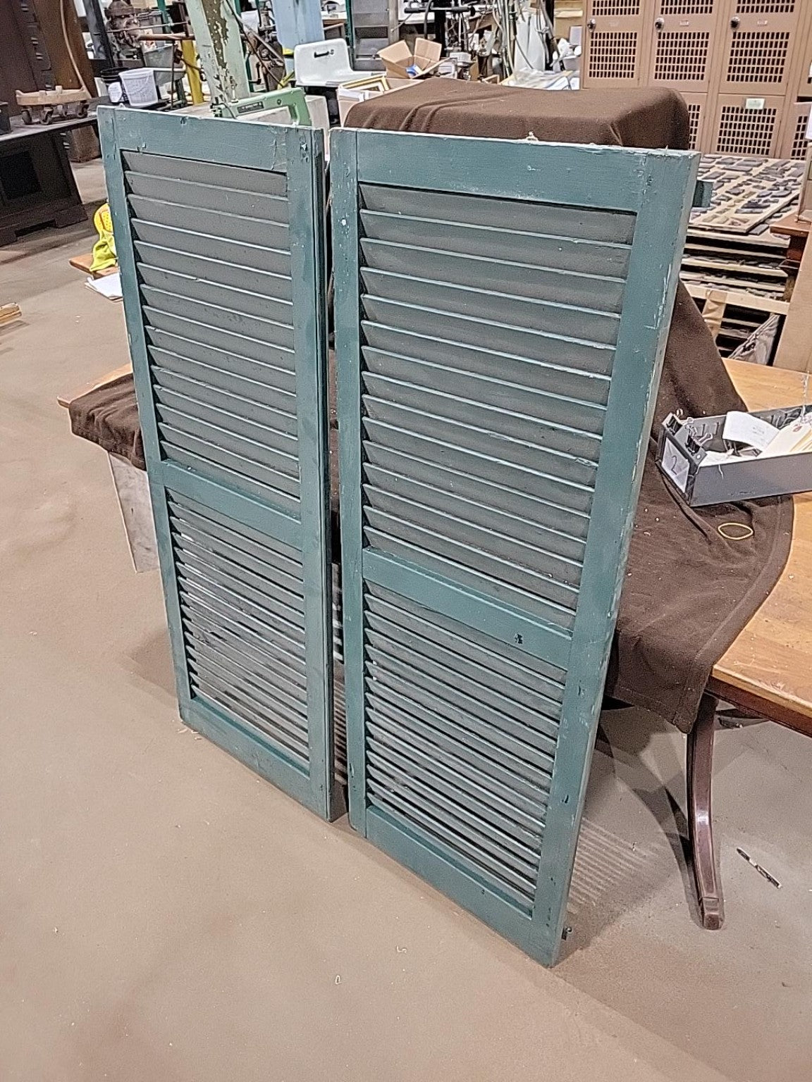 Vintage Green Painted Wood Louvered Window Shutters Pair