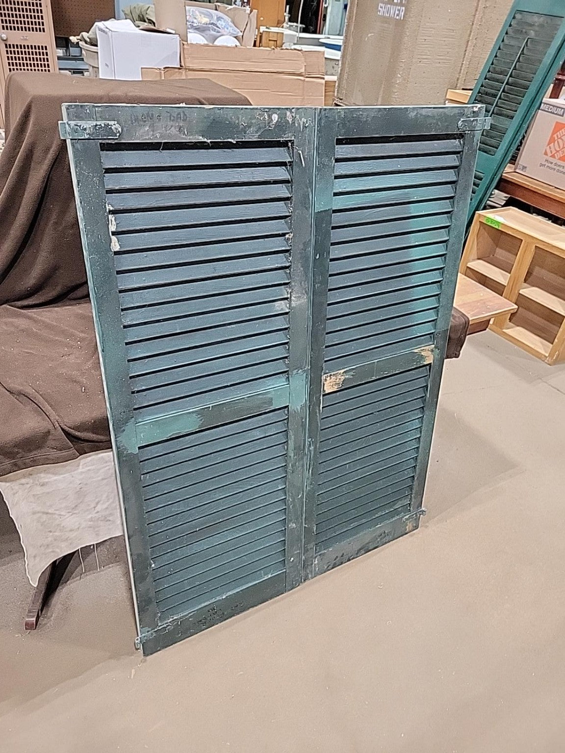 Vintage Green Painted Wood Louvered Window Shutters Pair