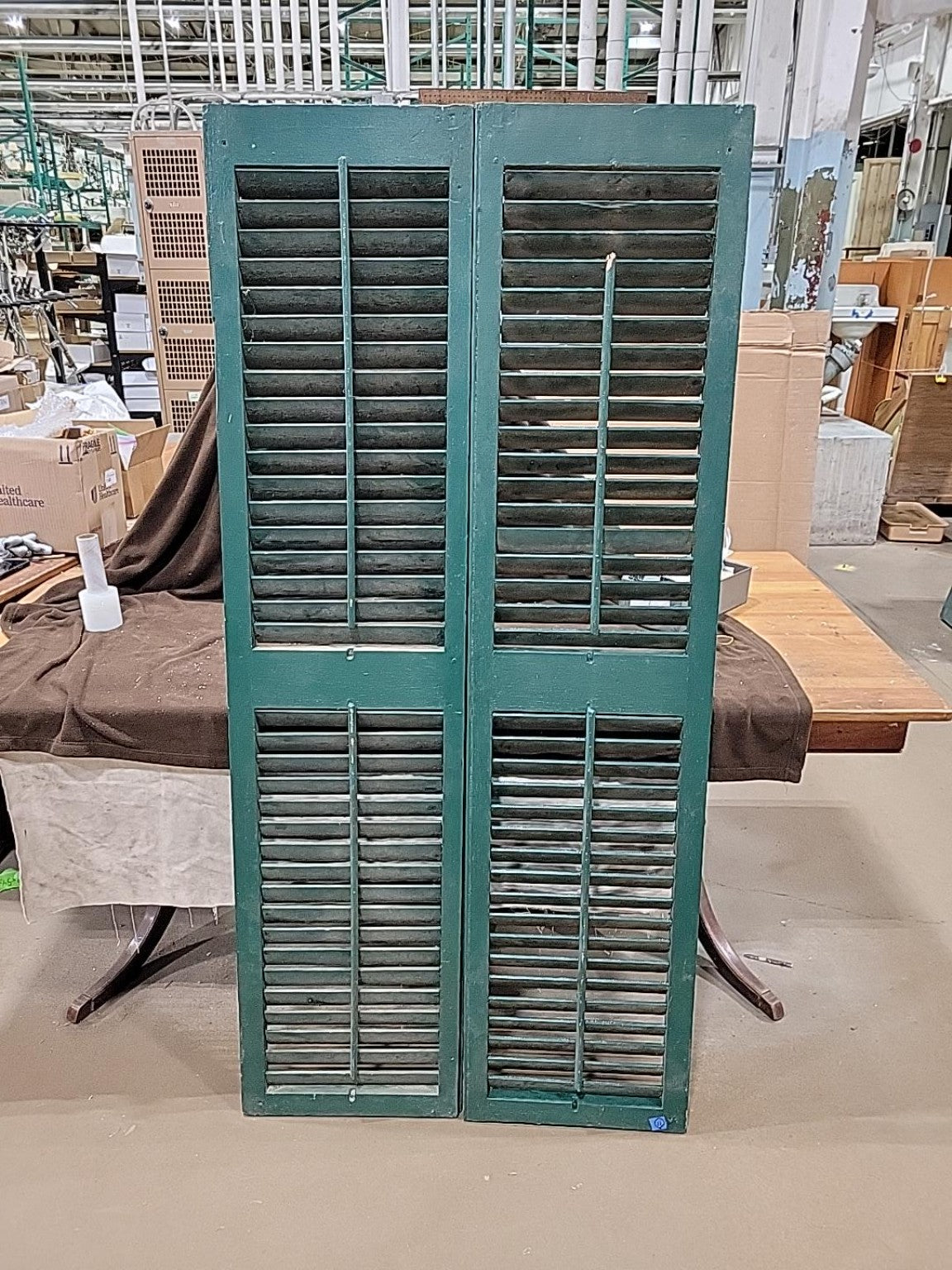 Vintage Green Adjustable Louvered Wood Shutters  Pair