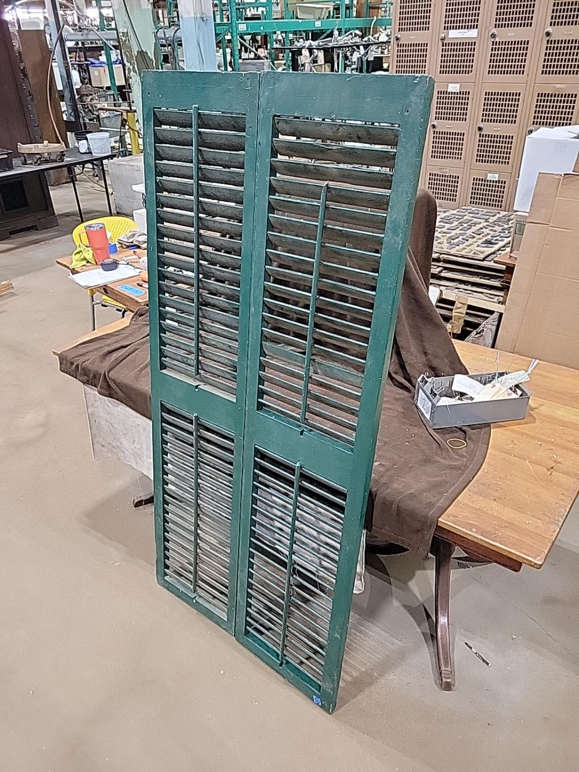 Vintage Green Adjustable Louvered Wood Shutters  Pair