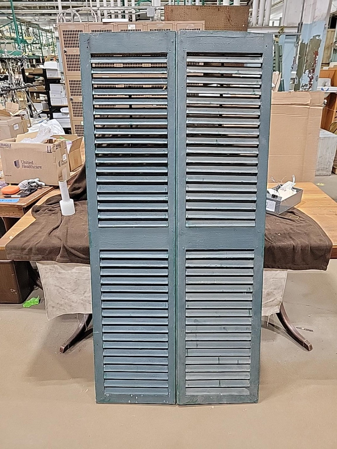 Vintage Green Adjustable Louvered Wood Shutters  Pair