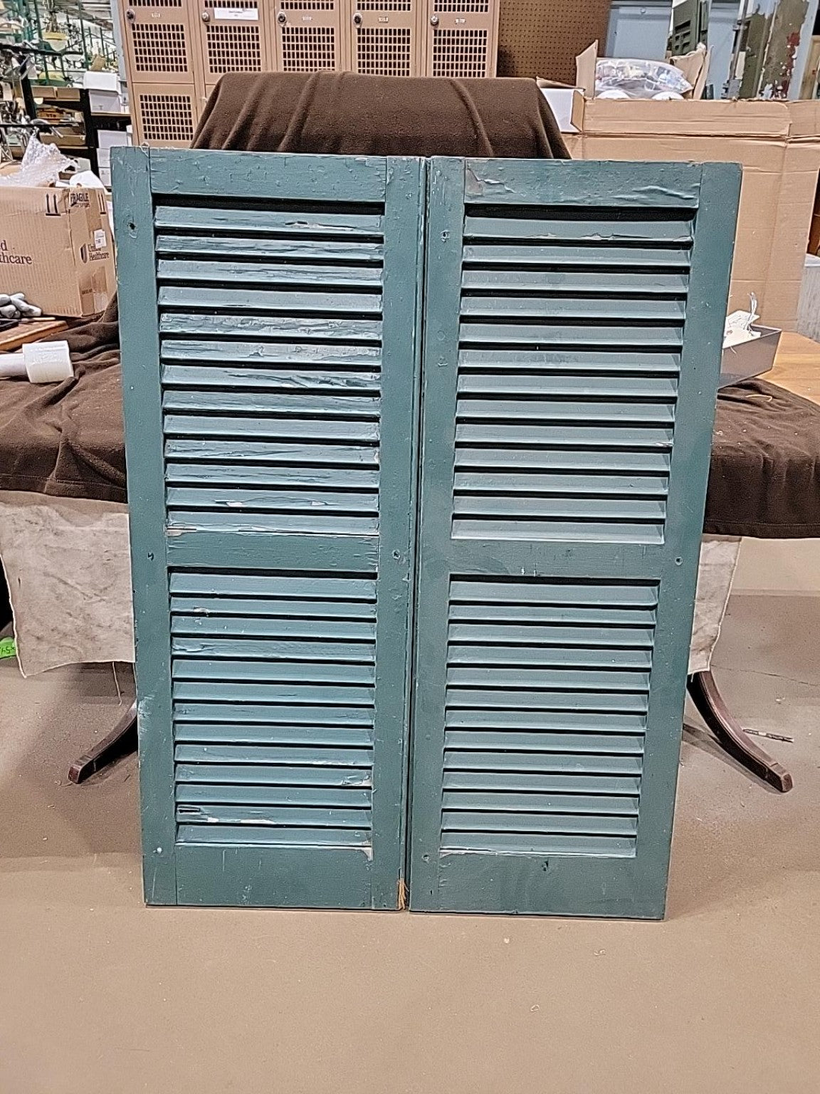 Vintage Painted Green Fixed-Louver Wood Shutters Pair