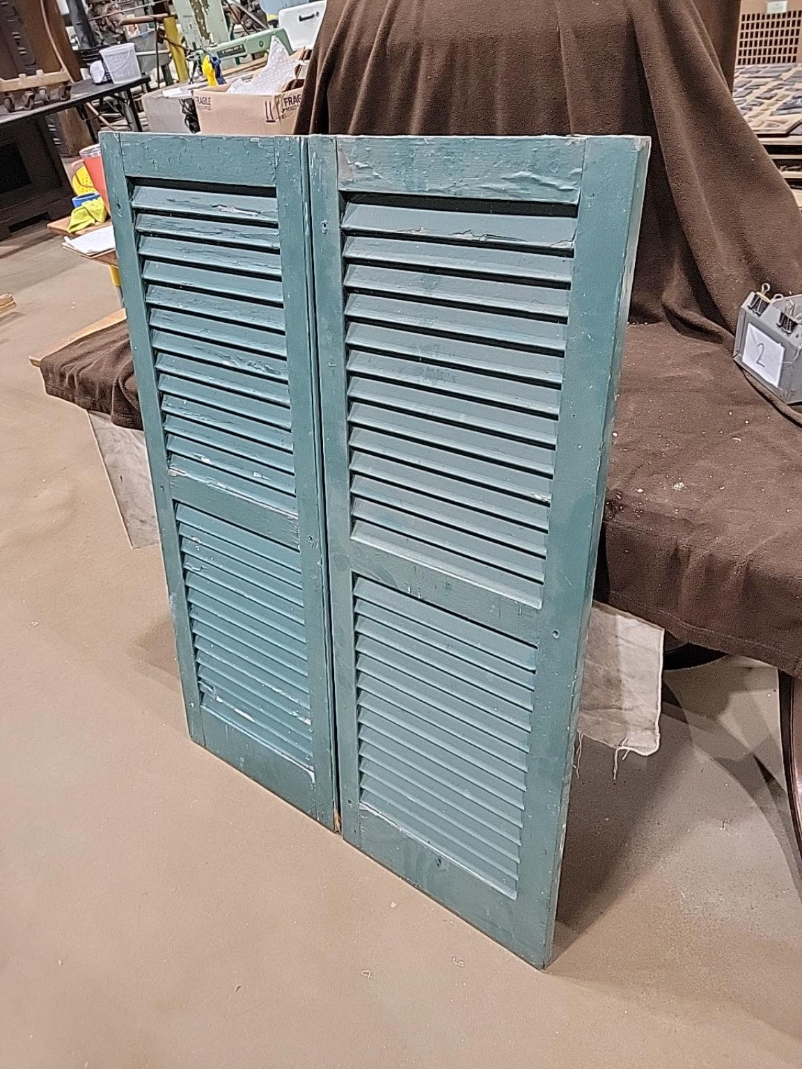 Vintage Painted Green Fixed-Louver Wood Shutters Pair