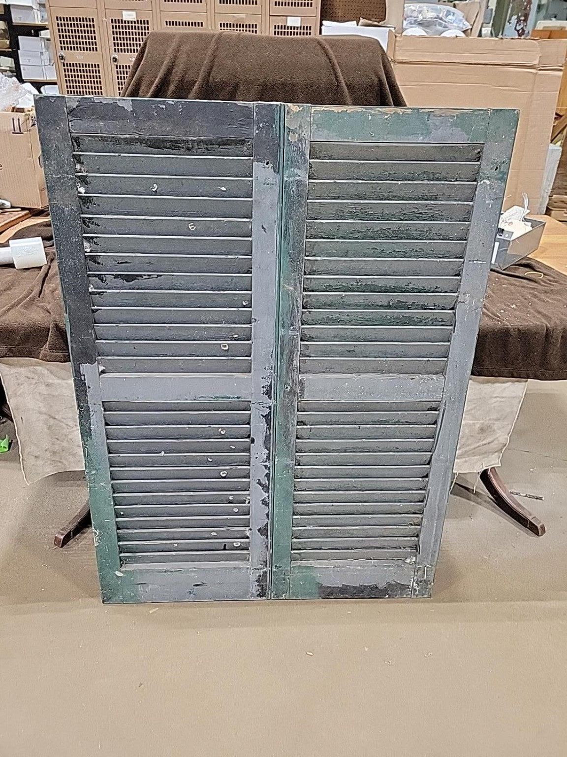 Vintage Painted Green Fixed-Louver Wood Shutters Pair