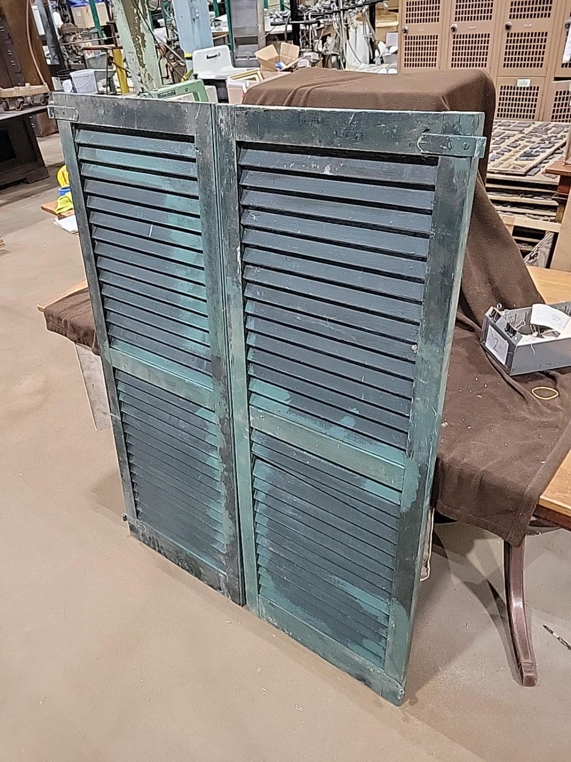 Vintage Green Fixed-Louver Wooden Shutters Pair