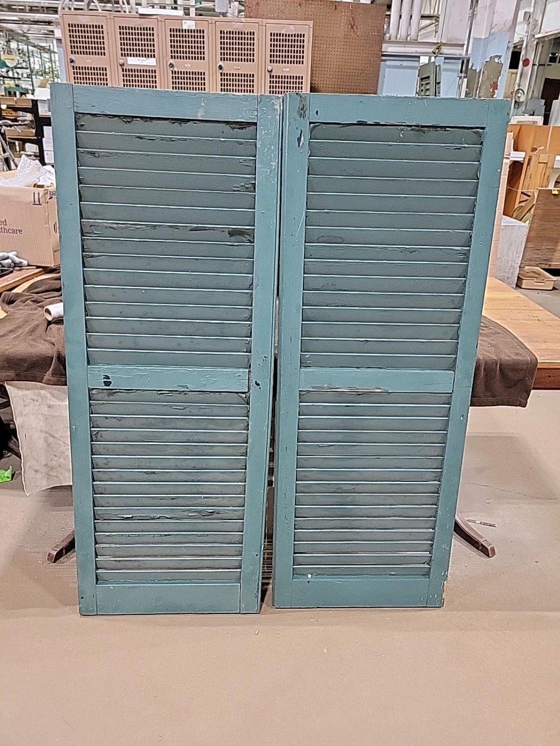 Vintage Green Fixed-Louver Wooden Shutters Pair