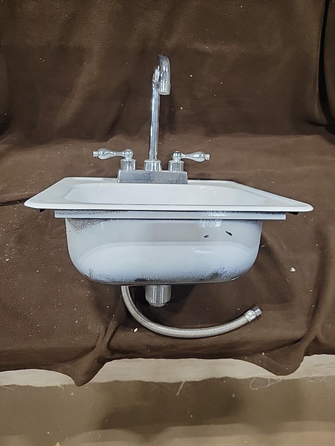 Vintage Industrial Enamel Utility Sink with Chrome Faucet