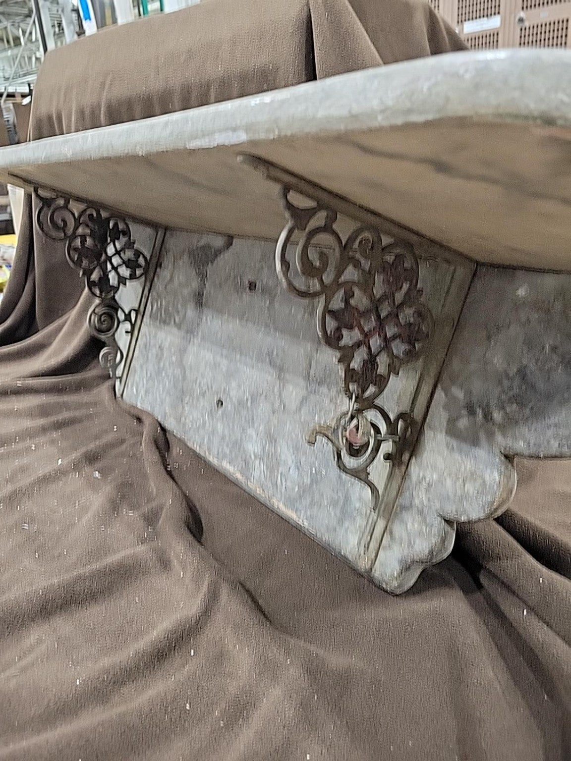 Vintage Rustic Wood Wall Shelf with Ornate Metal Brackets