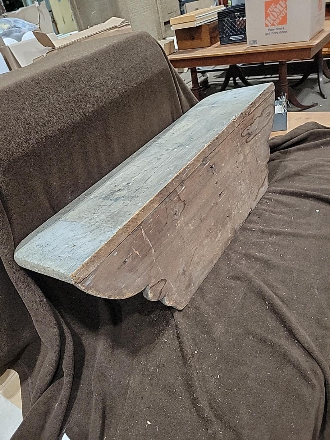 Vintage Rustic Wood Wall Shelf with Ornate Metal Brackets