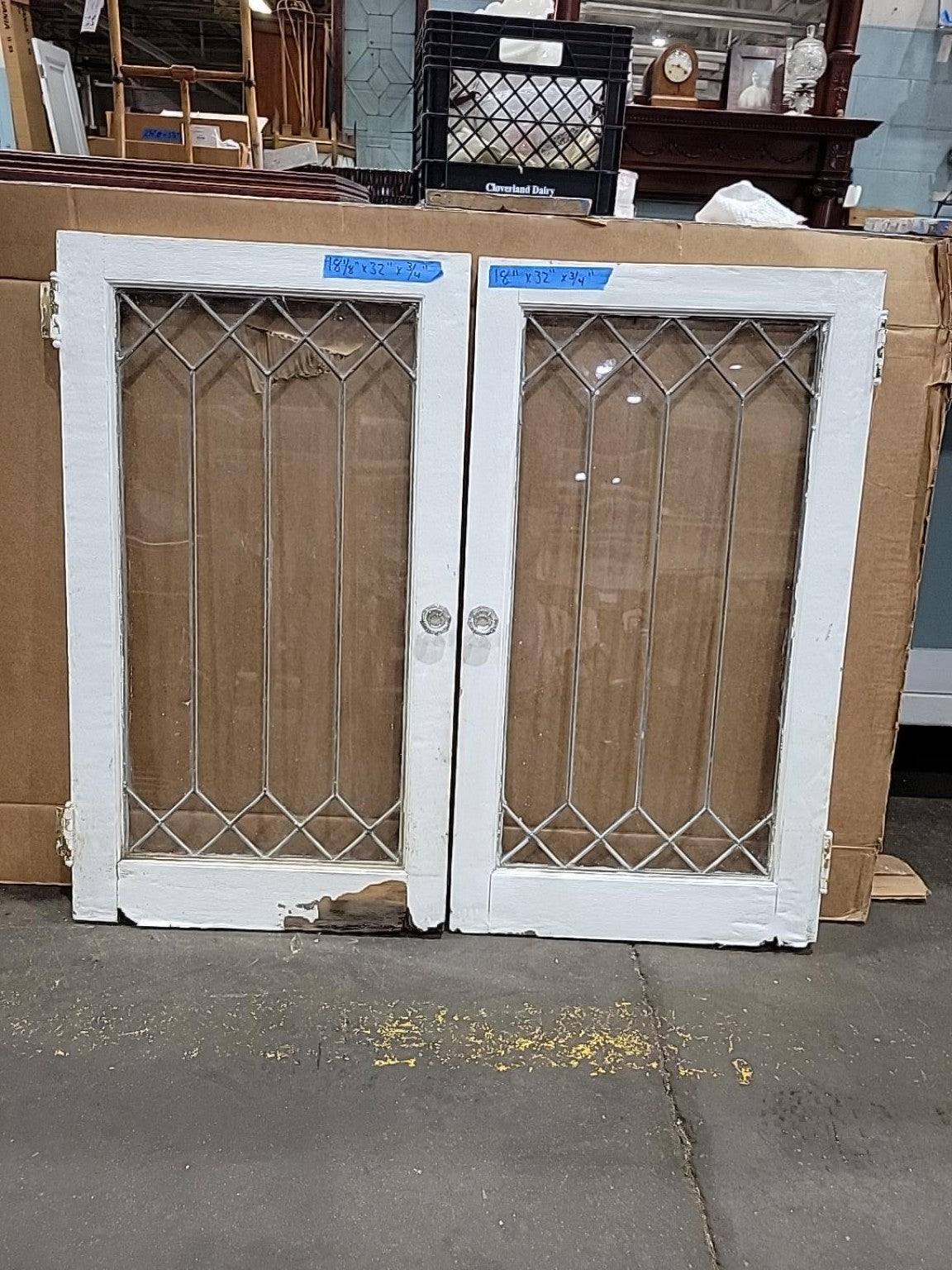 Antique Leaded Glass Cabinet Door Pair