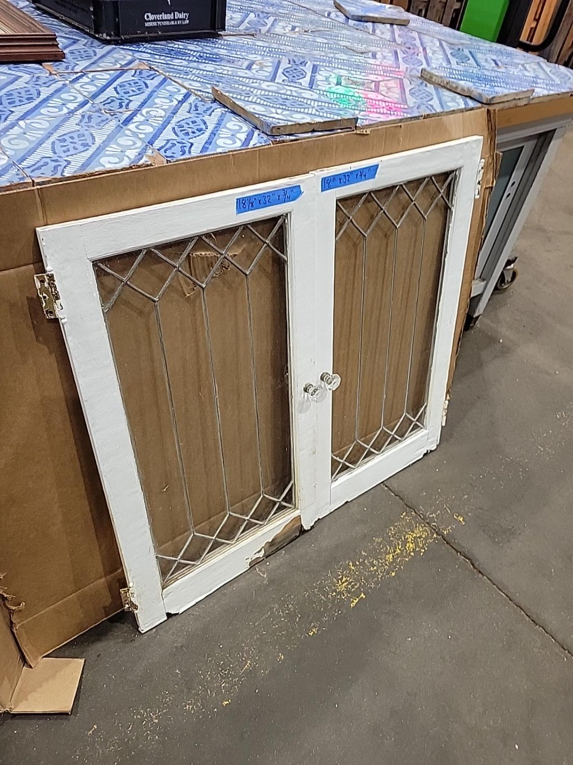 Antique Leaded Glass Cabinet Door Pair
