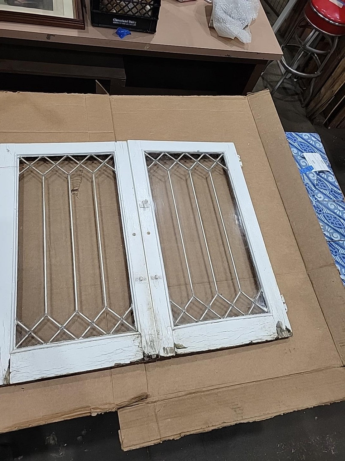 Antique Leaded Glass Cabinet Door Pair