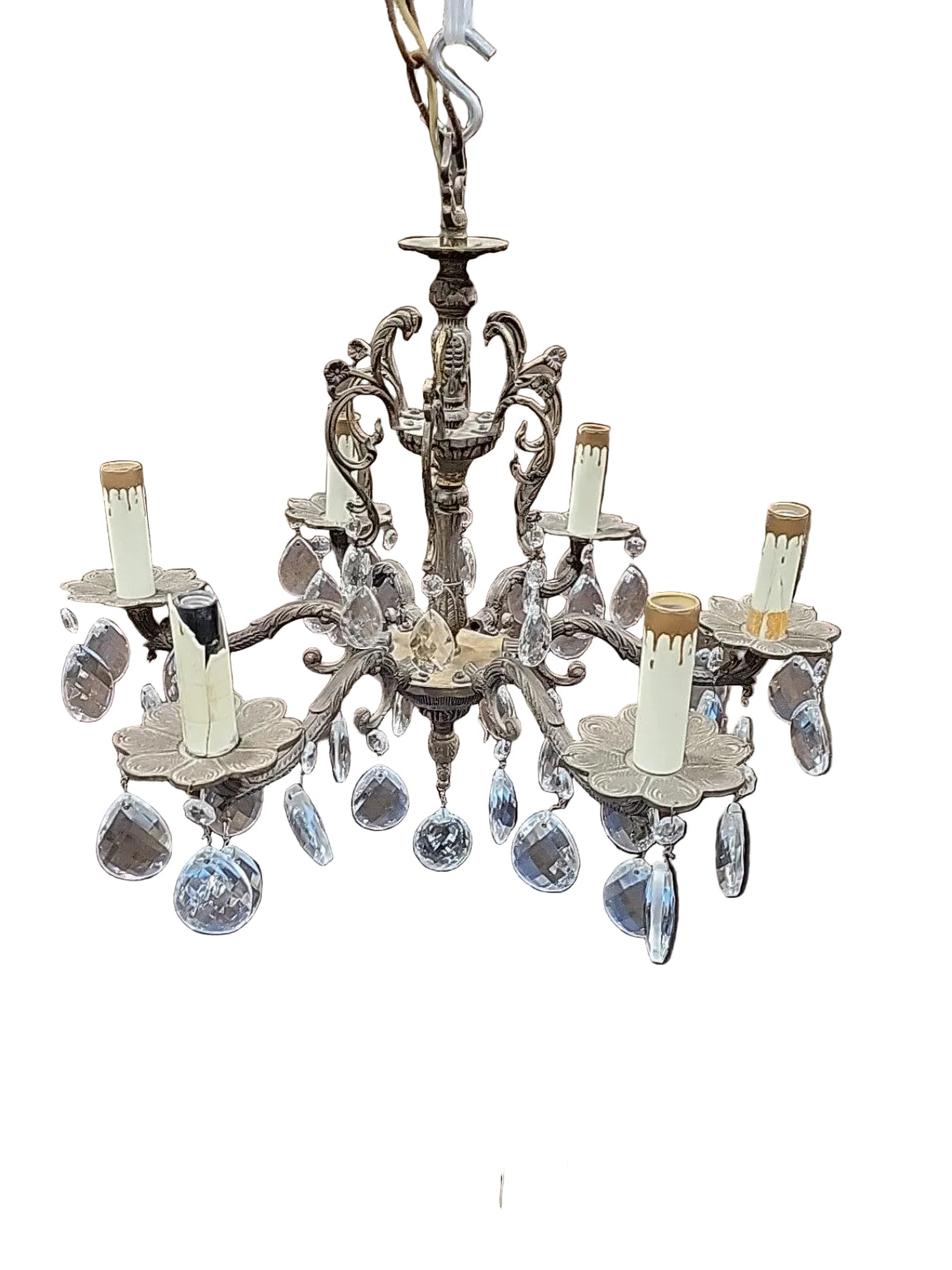 Vintage 6-Light Crystal Ornate Brass Chandelier
