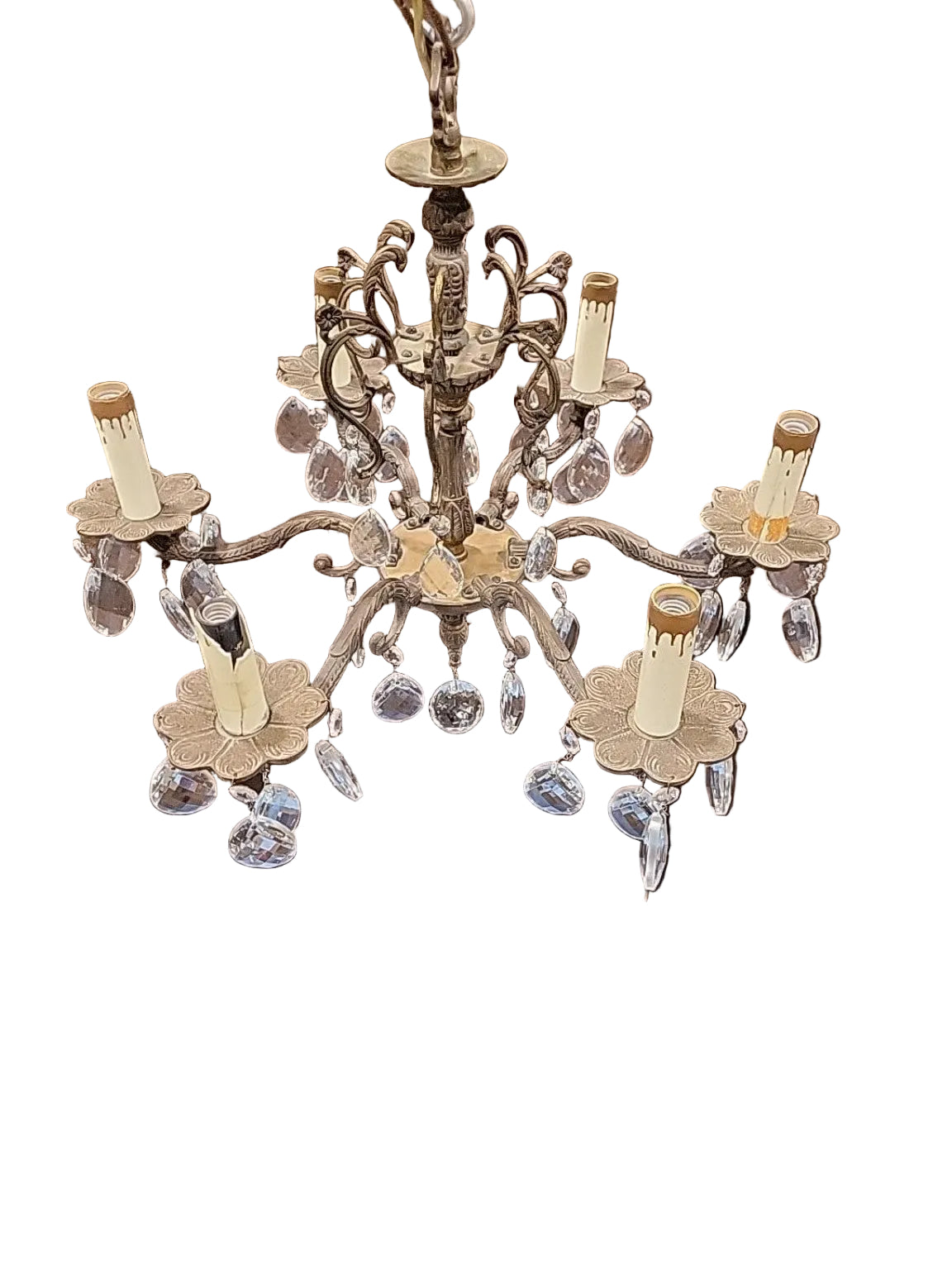 Vintage 6-Light Crystal Ornate Brass Chandelier
