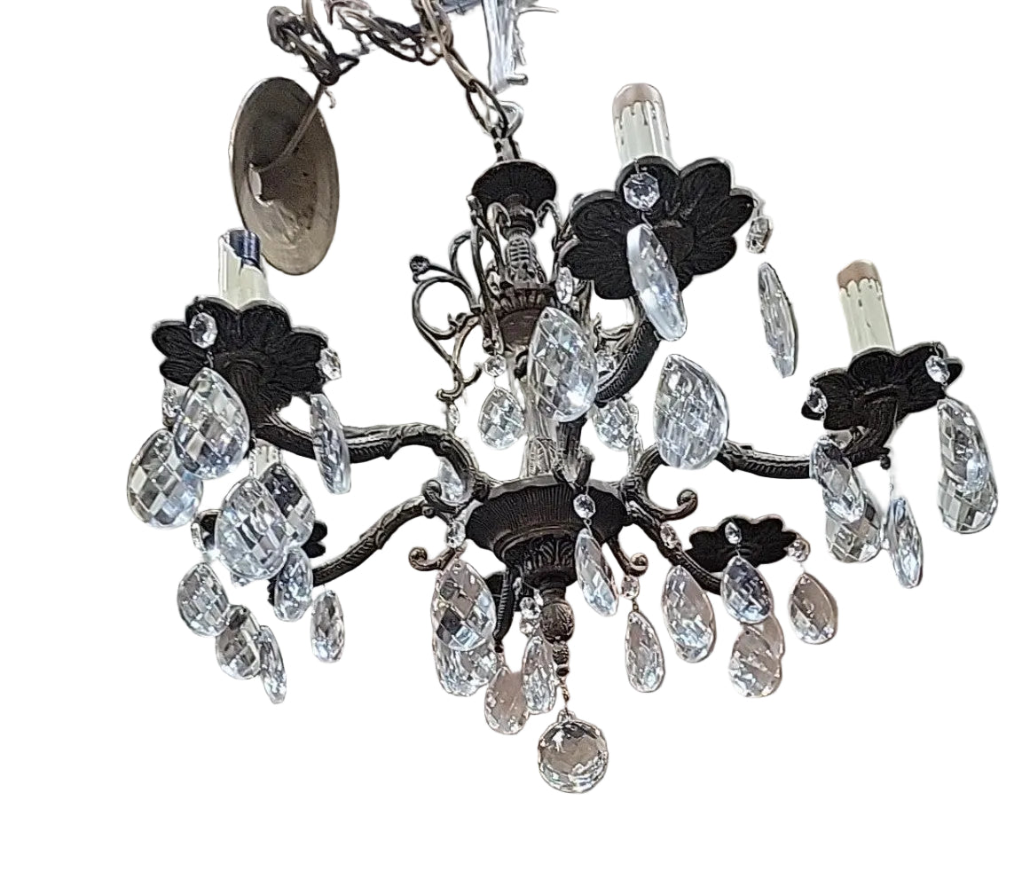 Vintage 6-Light Crystal Ornate Brass Chandelier