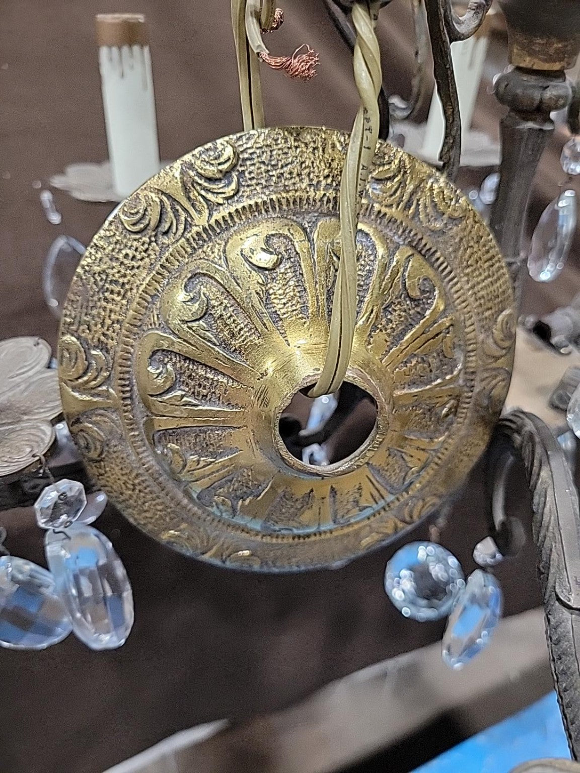 Vintage 6-Light Crystal Ornate Brass Chandelier