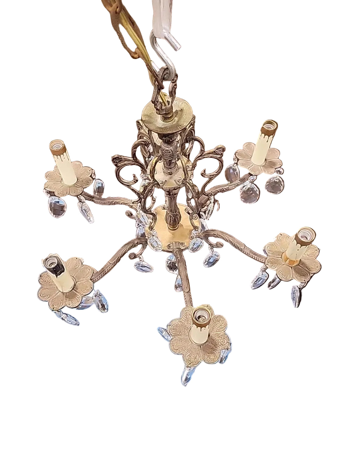 Vintage 6-Light Crystal Ornate Brass Chandelier
