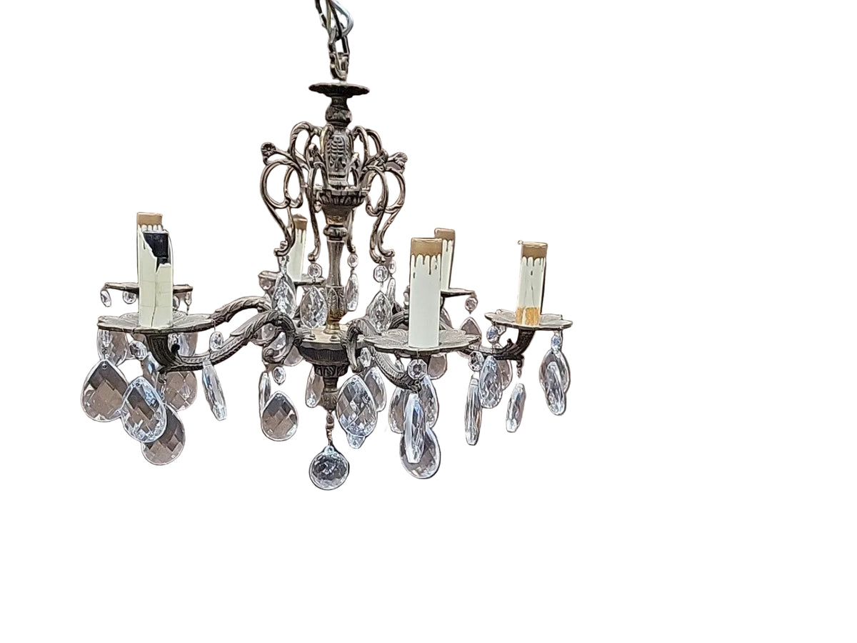 Vintage 6-Light Crystal Ornate Brass Chandelier