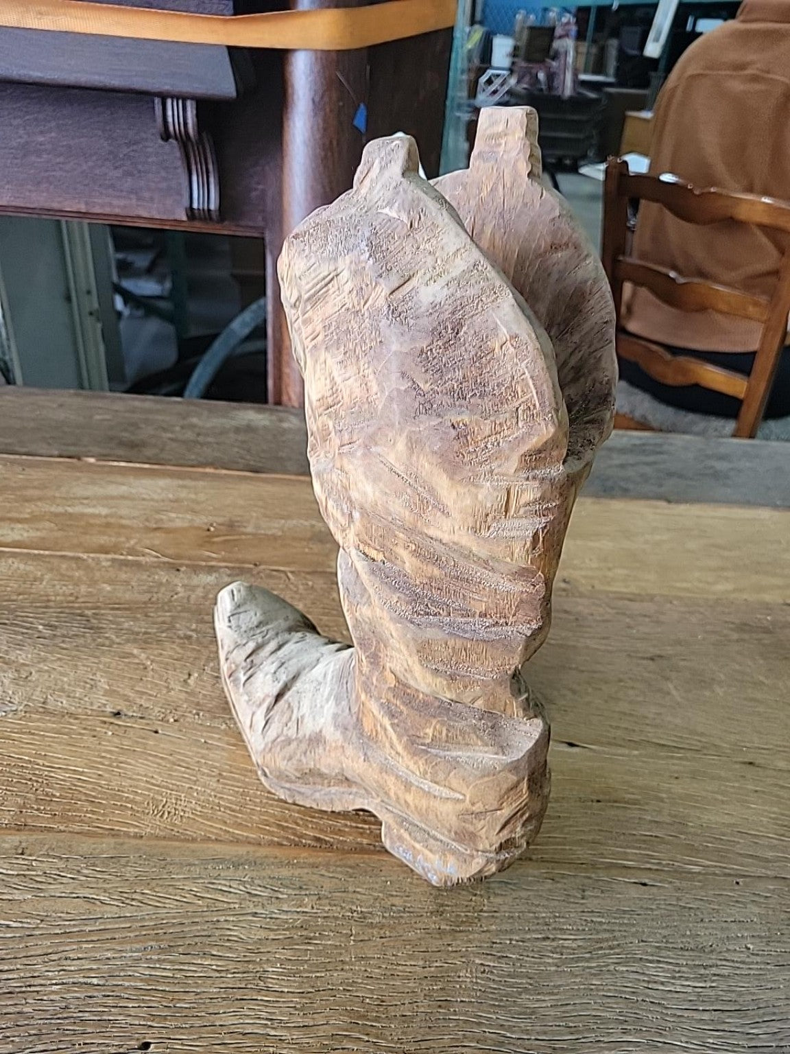 Vintage Hand-Carved Wooden Cowboy Boot Sculpture