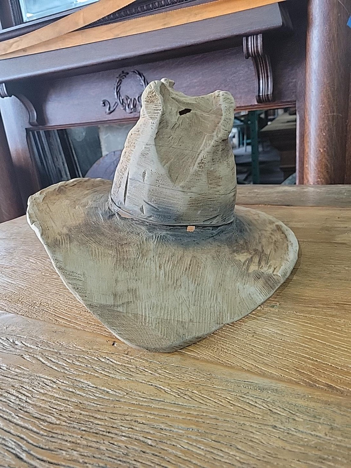 Vintage Hand-Carved Wooden Cowboy Hat Sculpture