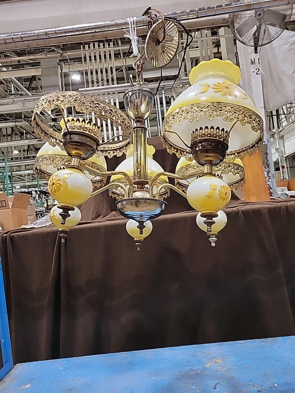 Vintage 5-Light Yellow Floral Glass Chandelier (One Globe Missing)