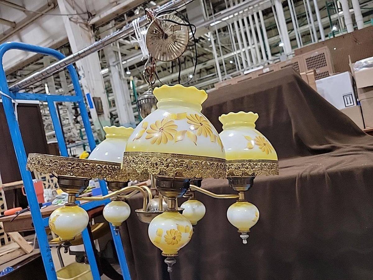 Vintage 5-Light Yellow Floral Glass Chandelier (One Globe Missing)