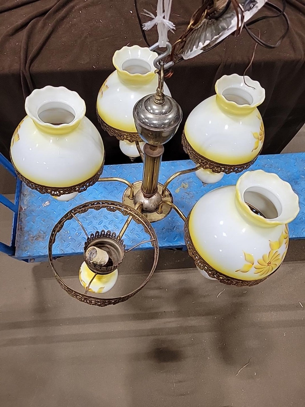 Vintage 5-Light Yellow Floral Glass Chandelier (One Globe Missing)