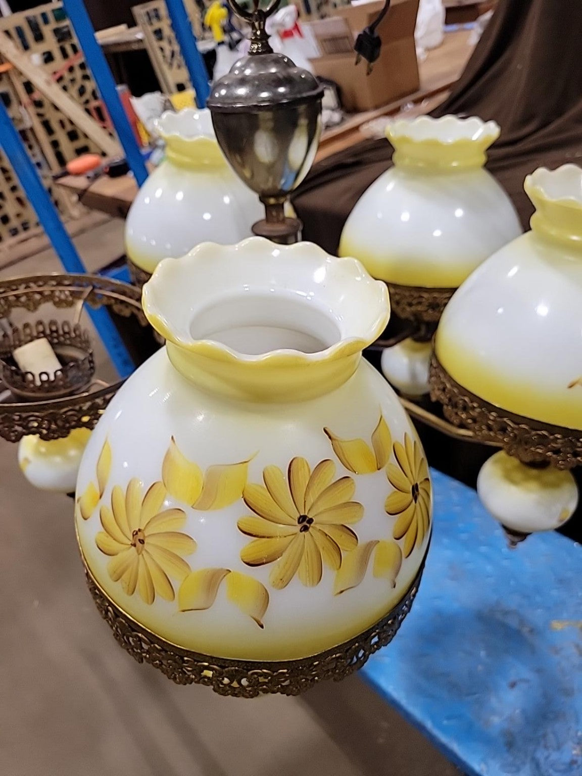 Vintage 5-Light Yellow Floral Glass Chandelier (One Globe Missing)