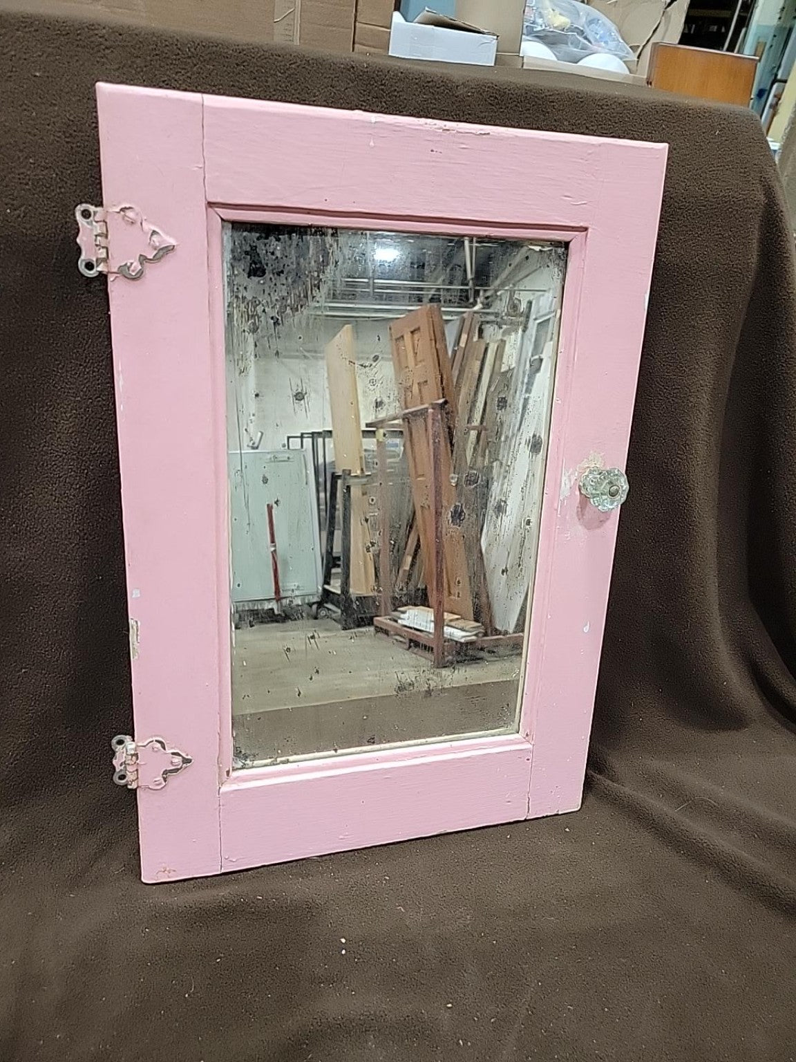 Salvaged Pink Wood Medicine Cabinet Mirror Door