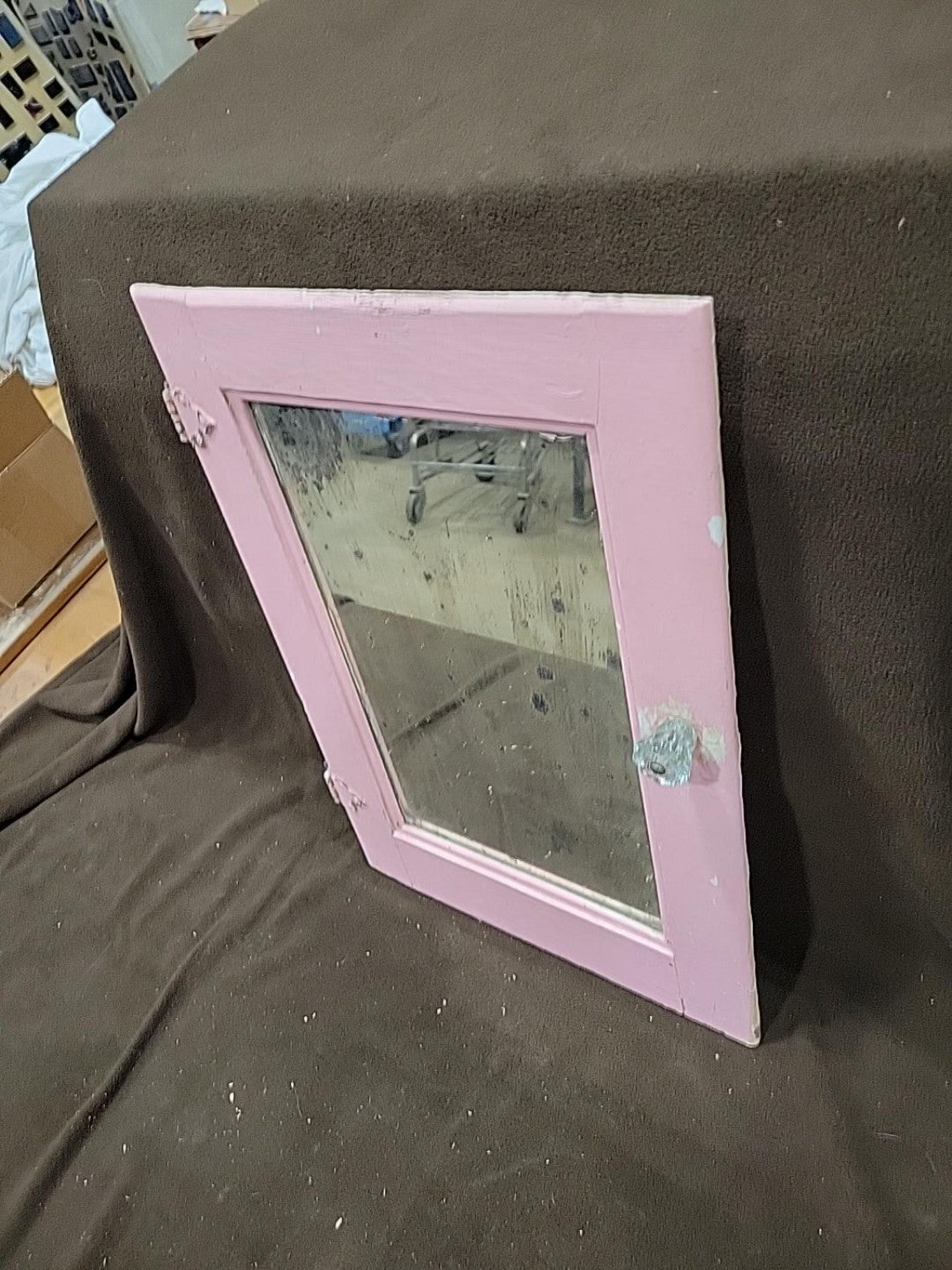 Salvaged Pink Wood Medicine Cabinet Mirror Door