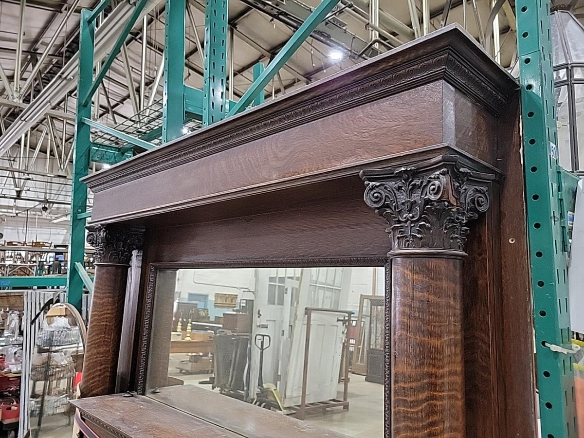 Antique Quarter-Sawn Oak Fireplace Mantel & Mirror