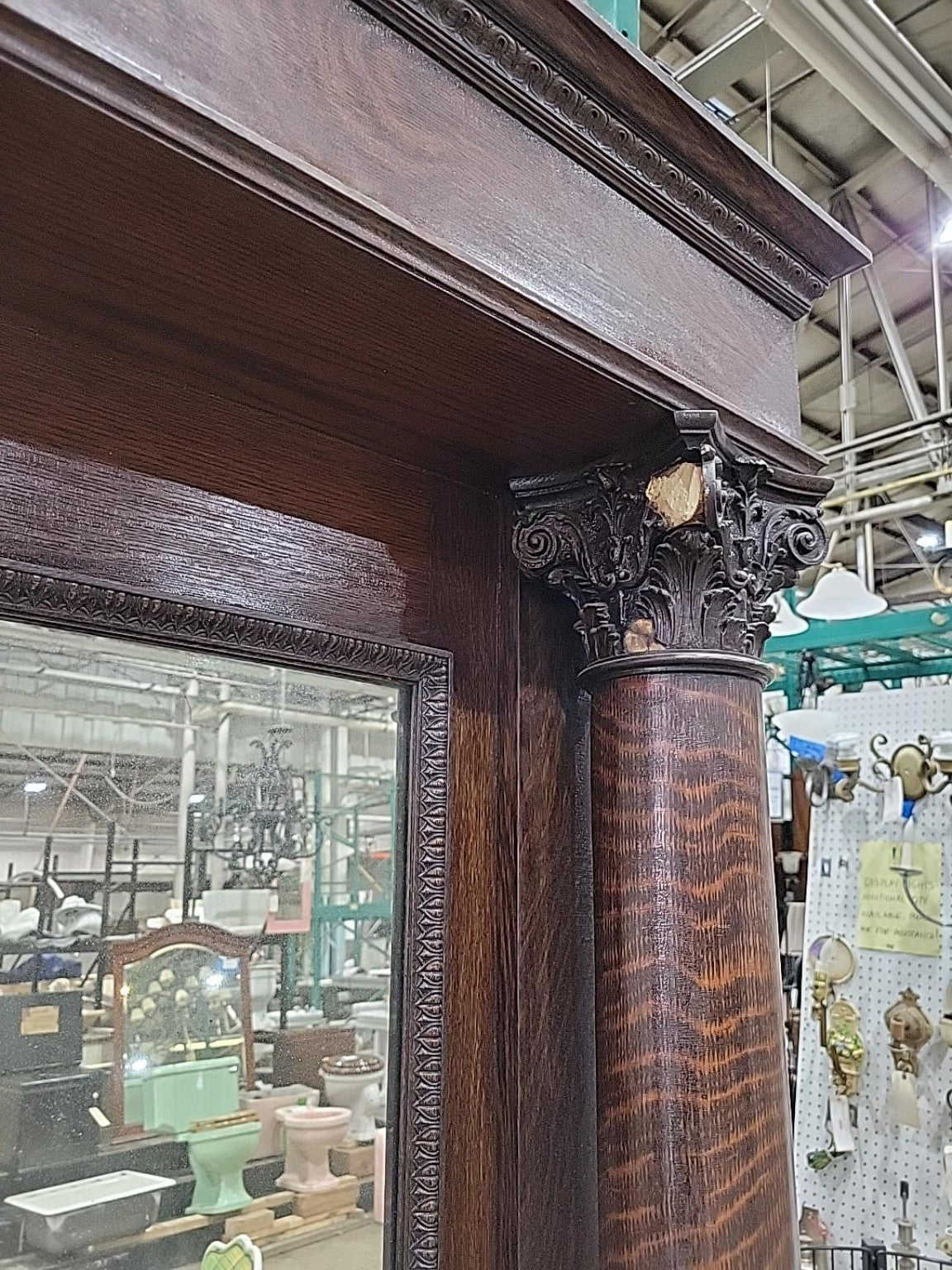 Antique Quarter-Sawn Oak Fireplace Mantel & Mirror
