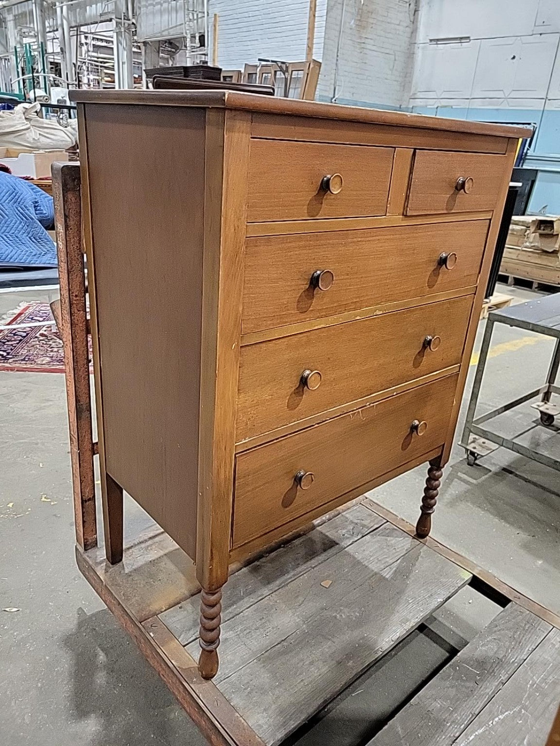 Vintage Wood 5-Drawer Dresser with Turned Legs