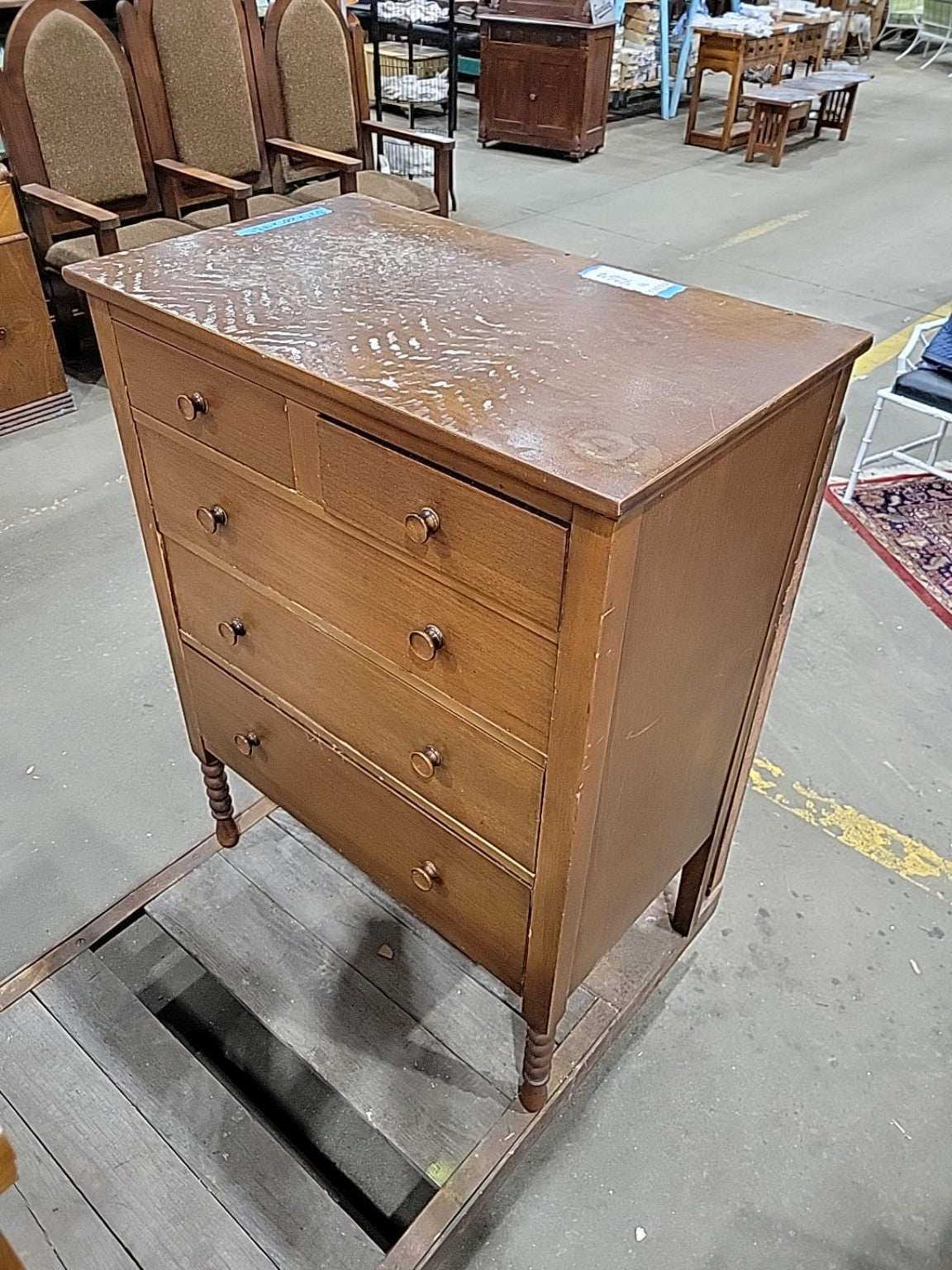 Vintage Wood 5-Drawer Dresser with Turned Legs