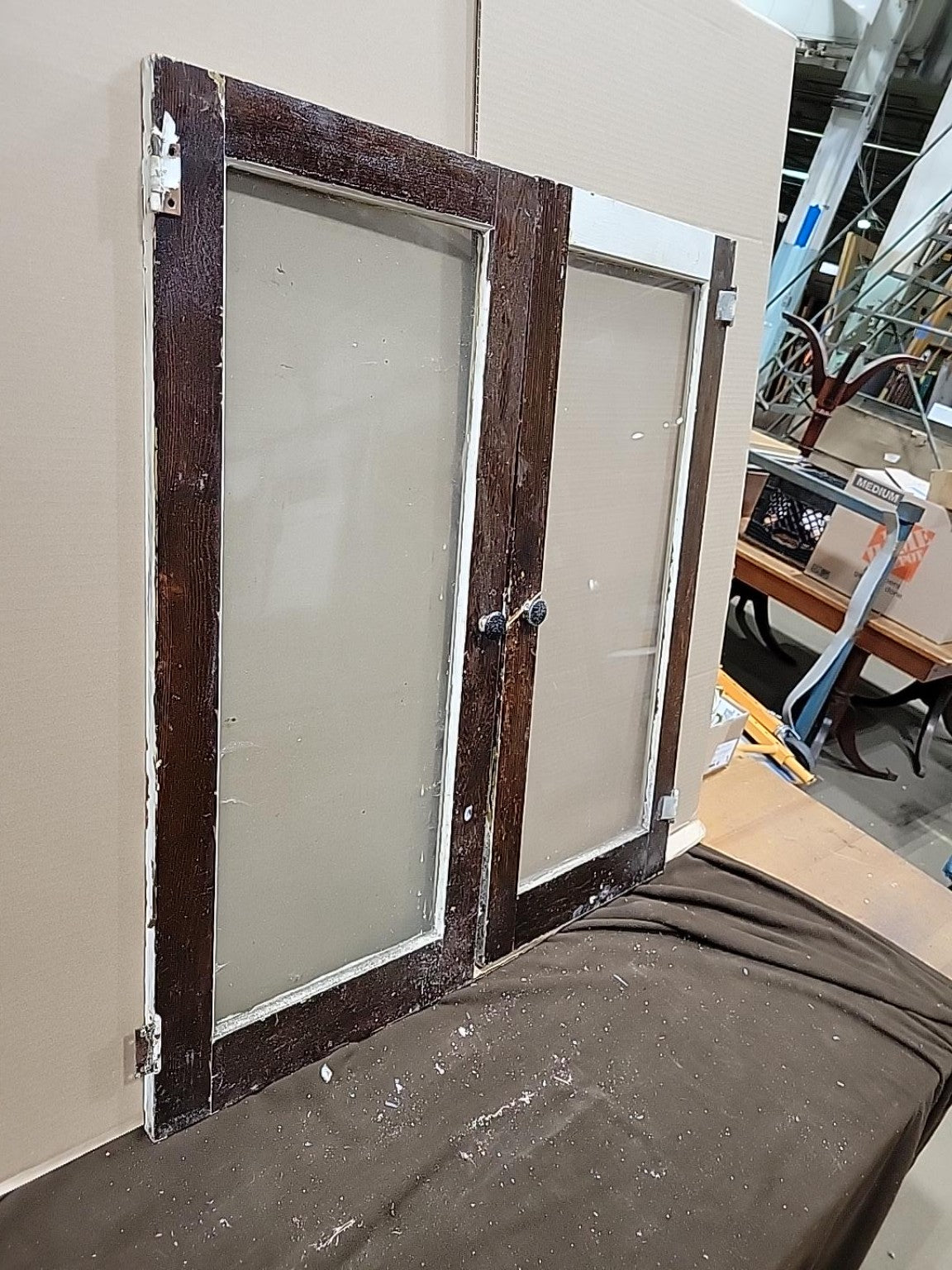 Vintage Wood & Glass Cabinet Doors – Pair with Hinges