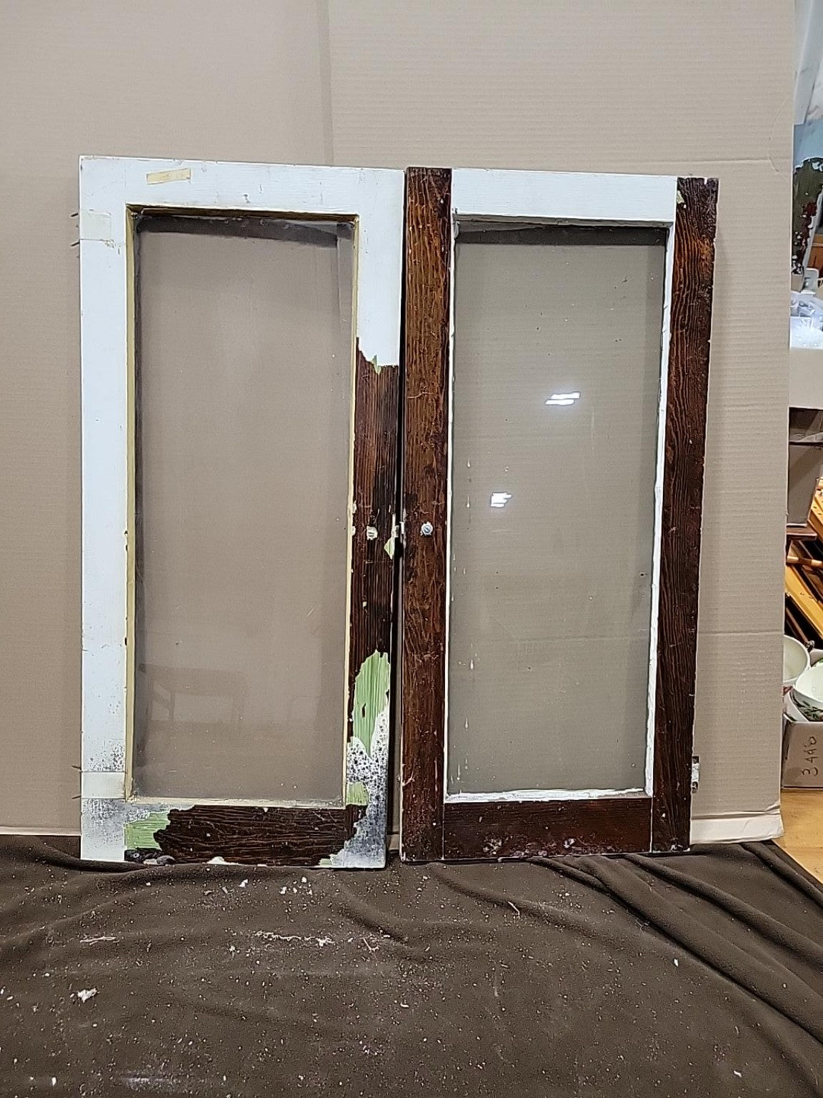 Vintage Wood & Glass Cabinet Doors – Pair with Hinges