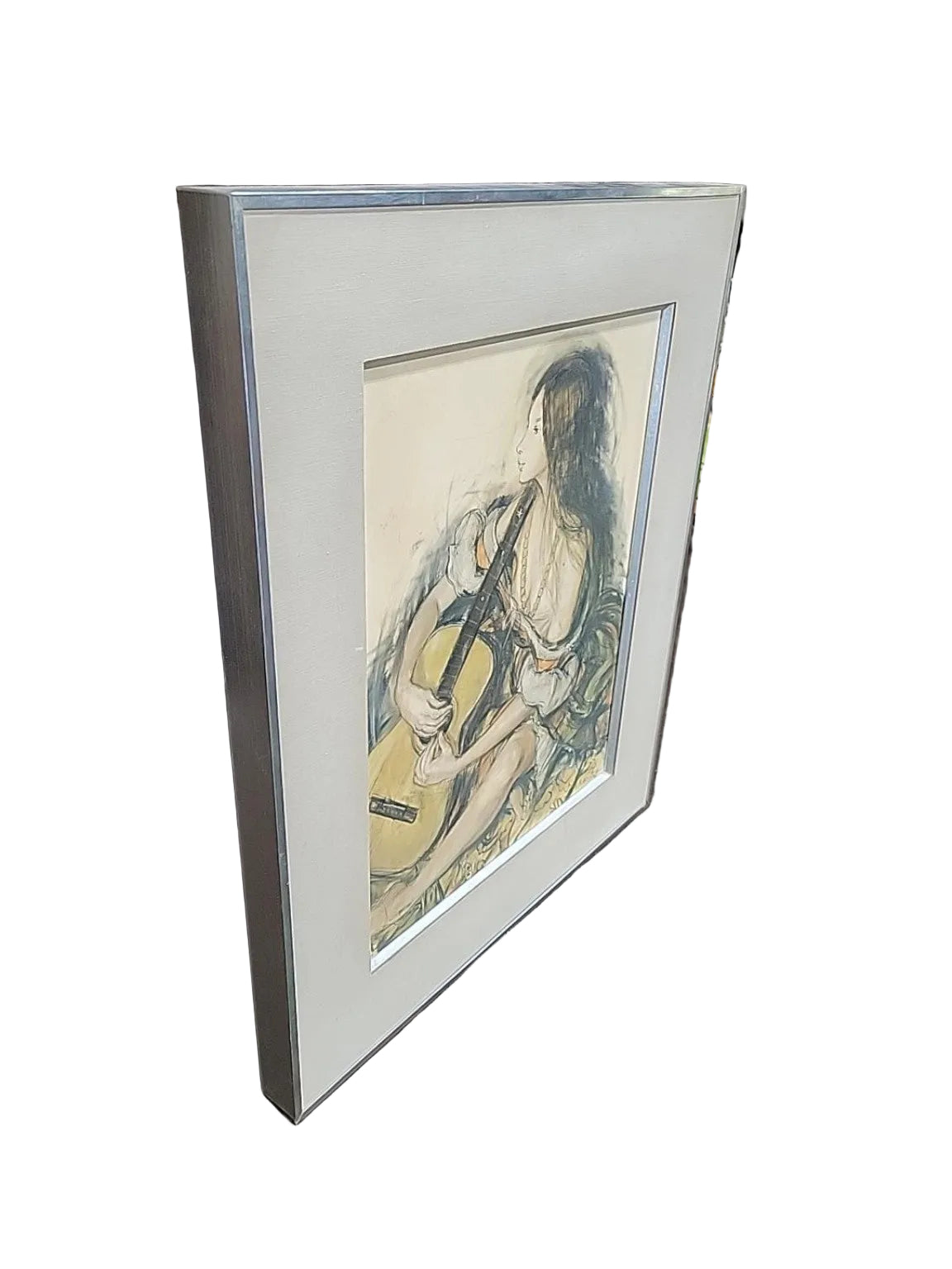 Vintage Signed Portrait Print of Woman with Guitar