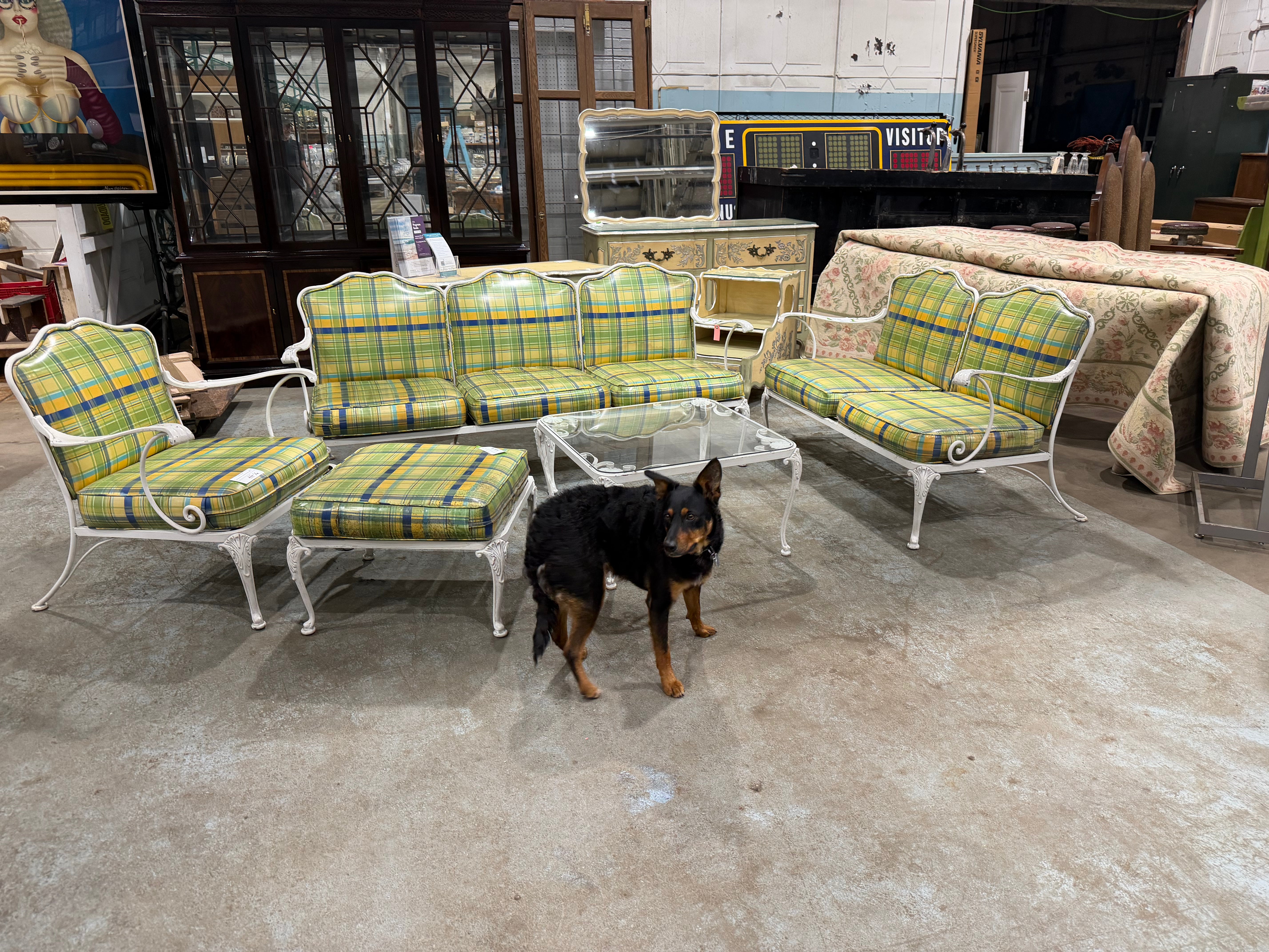 Vintage Cast Aluminum Patio Conversation Set with Plaid Cushions – 5 Piece