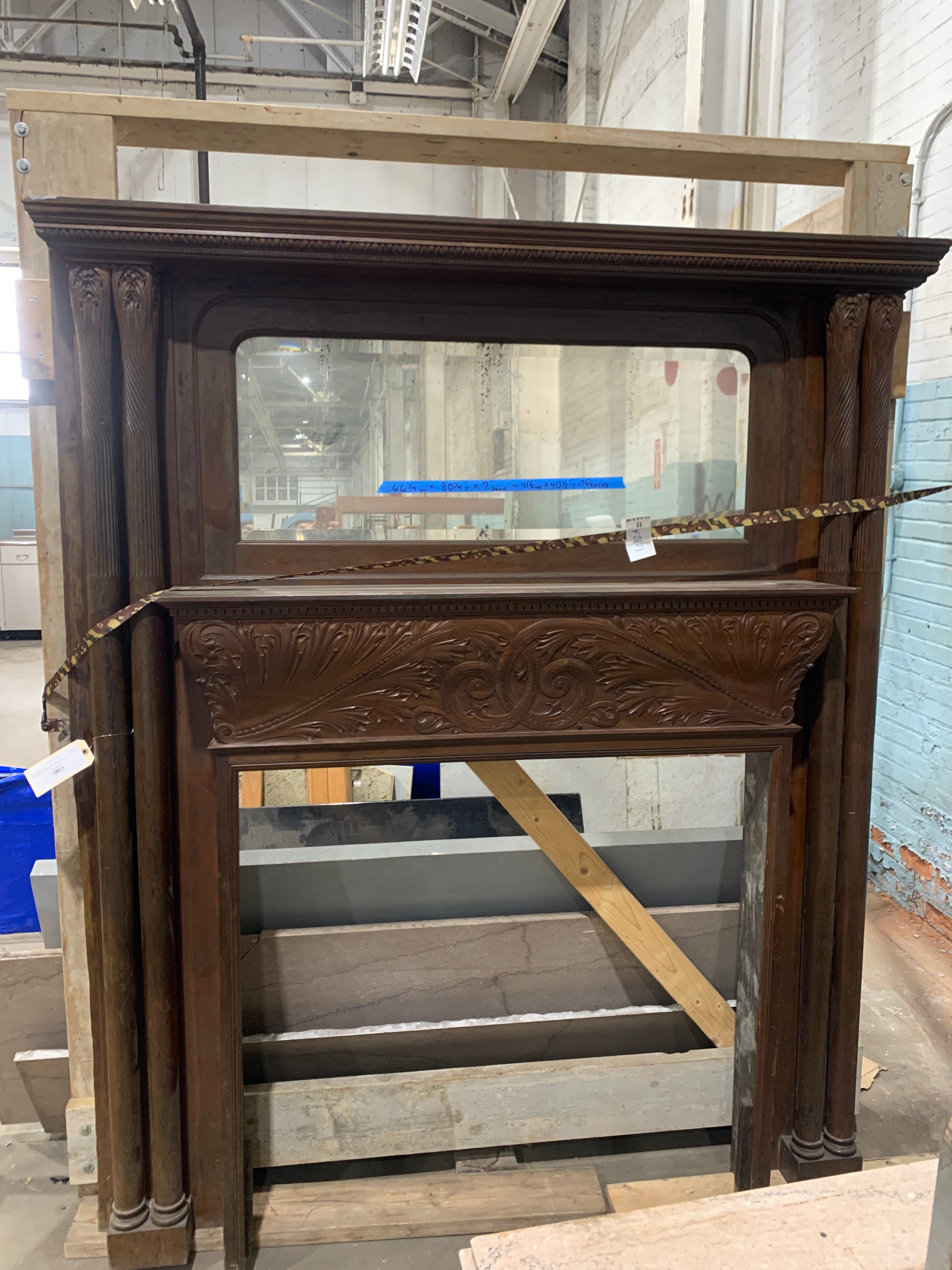 Antique Carved Oak Fireplace Mantel with Mirror