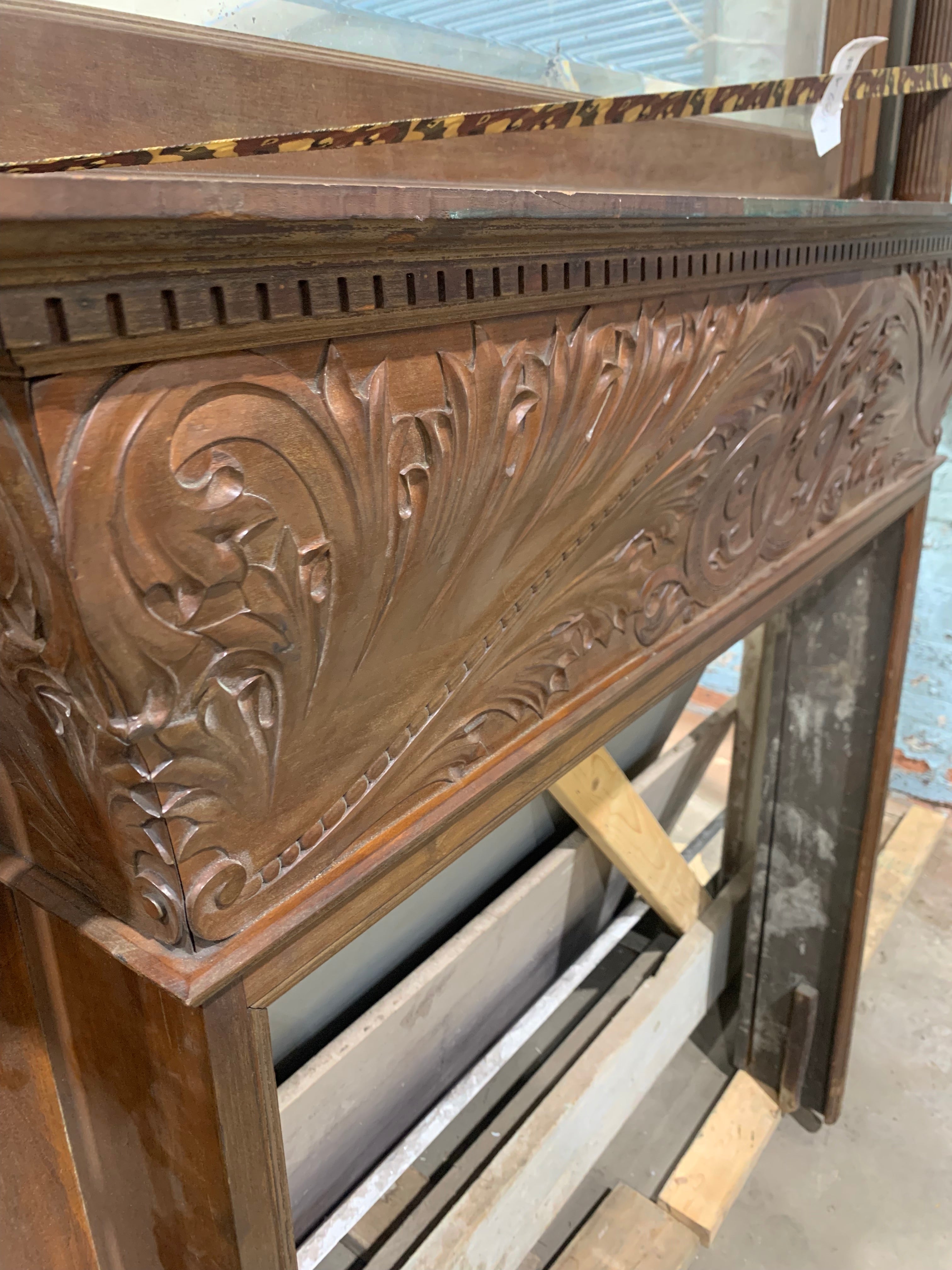 Antique Carved Oak Fireplace Mantel with Mirror