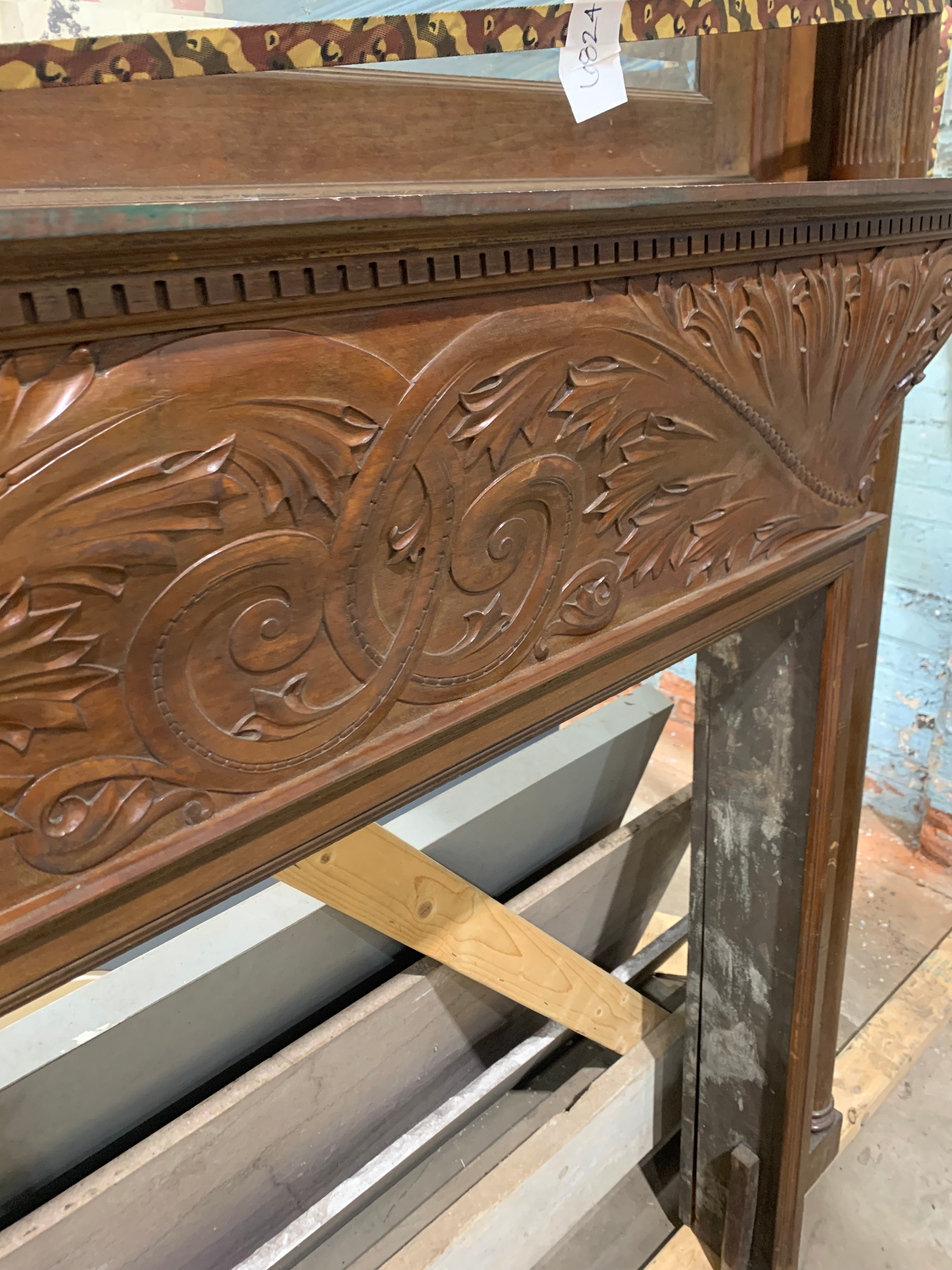 Antique Carved Oak Fireplace Mantel with Mirror