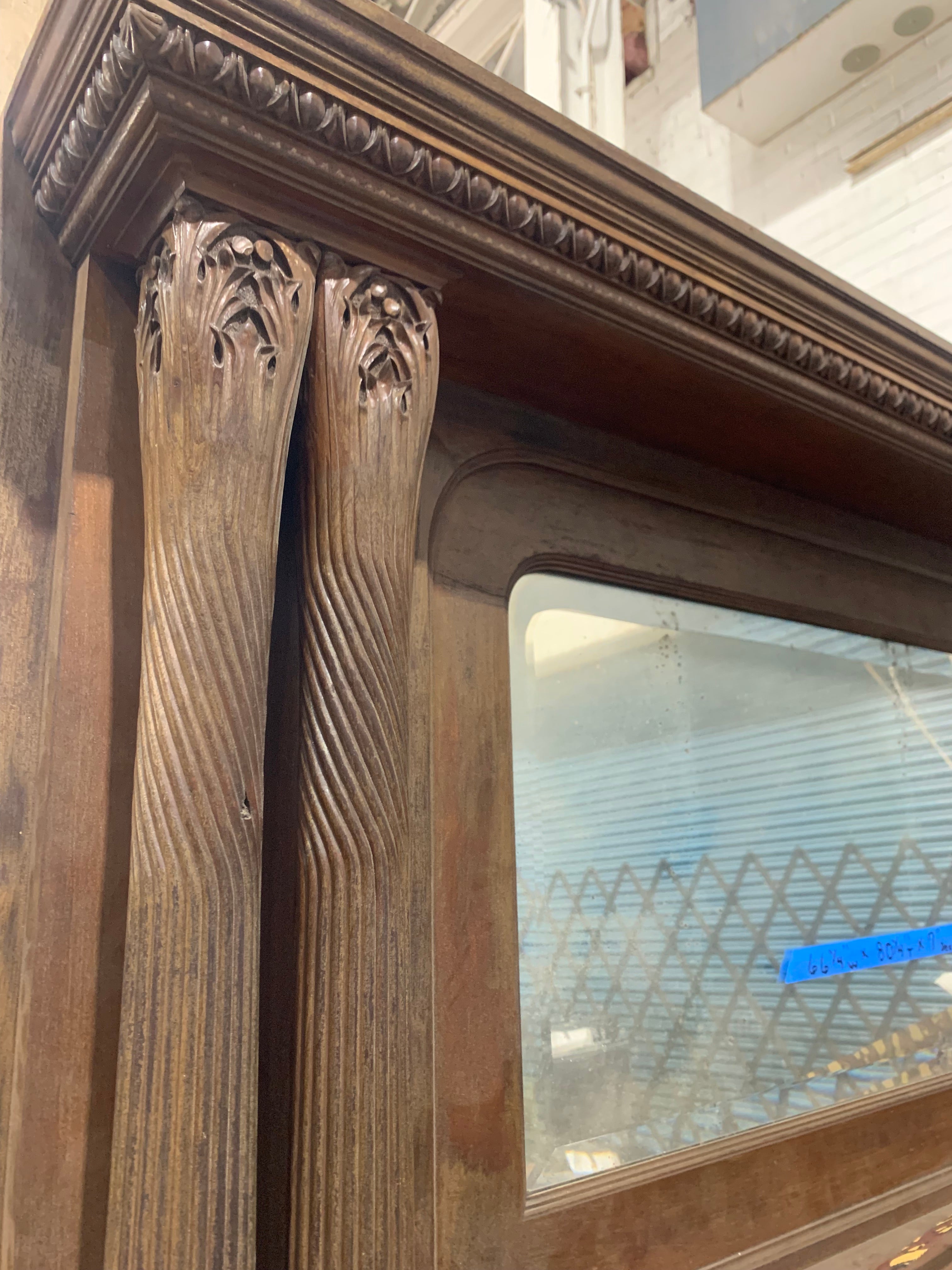 Antique Carved Oak Fireplace Mantel with Mirror