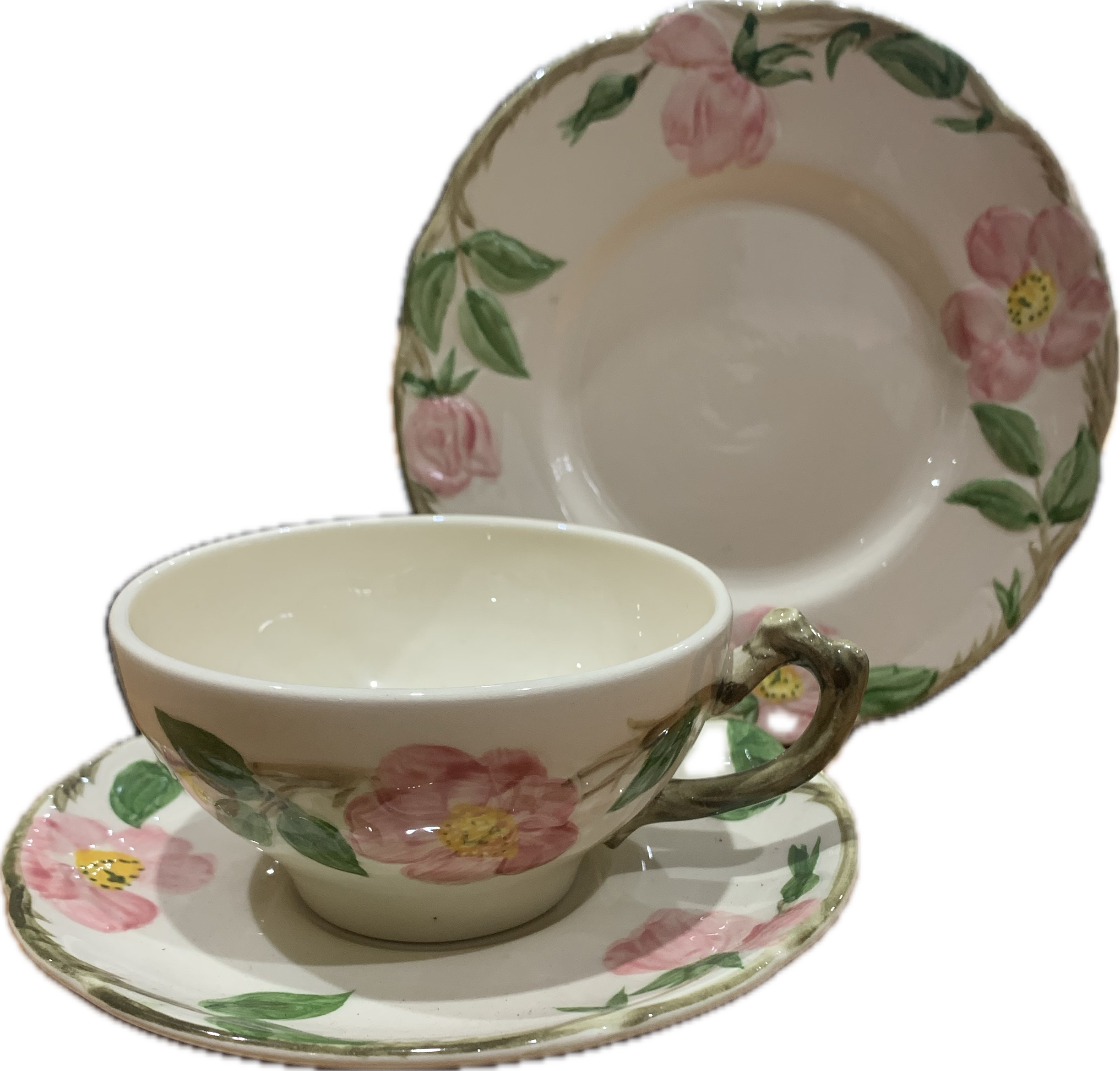 Franciscan Ware hand-painted “Desert Rose” teacup, saucer & dessert plate set