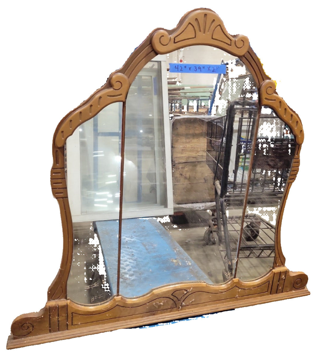 Antique Carved Wood Tri-Panel Dresser Mirror with Arched Crest