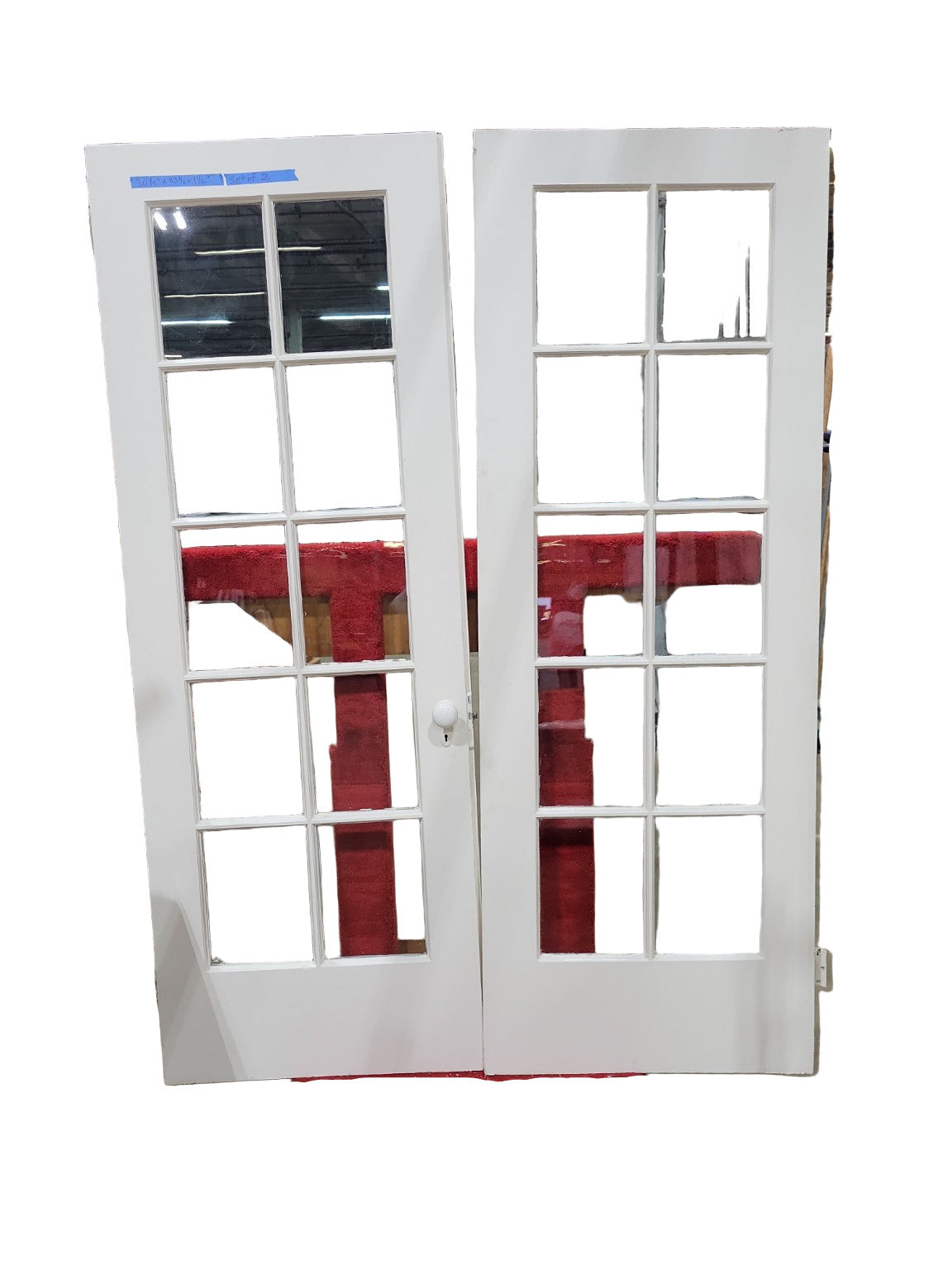 Set of Antique French Double Doors with 10-Lite Glass Panels and Porcelain Knob
